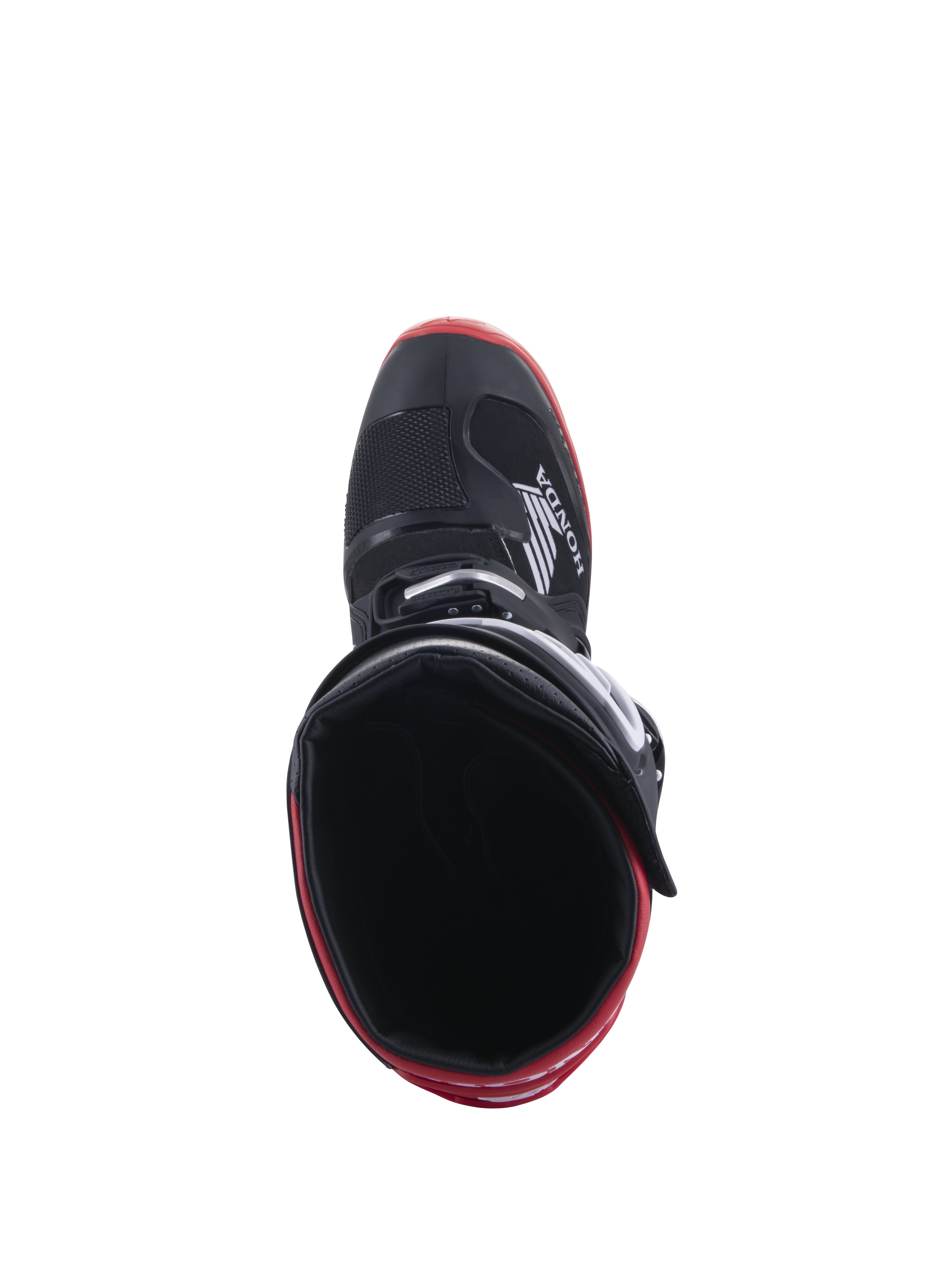 Bottes Honda Tech 7 Enduro Drystar®, noir et rouge vif, vue de dessus de l'intérieur de la botte, logo Honda sur le côté, détails rouges sur la semelle, construction imperméable pour le tout-terrain