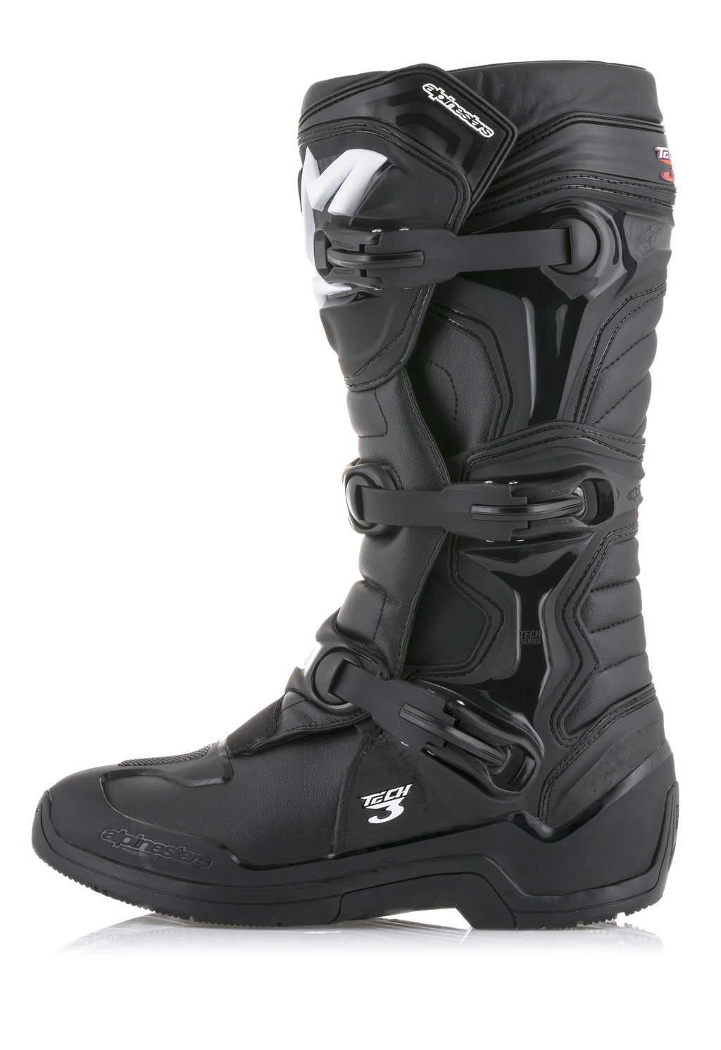 Bottes Alpinestars Tech 3, bottes de motocross noires, vue de profil avec système de fermeture à trois boucles, panneaux de protection en TPU et tige en microfibre durable pour une performance tout-terrain