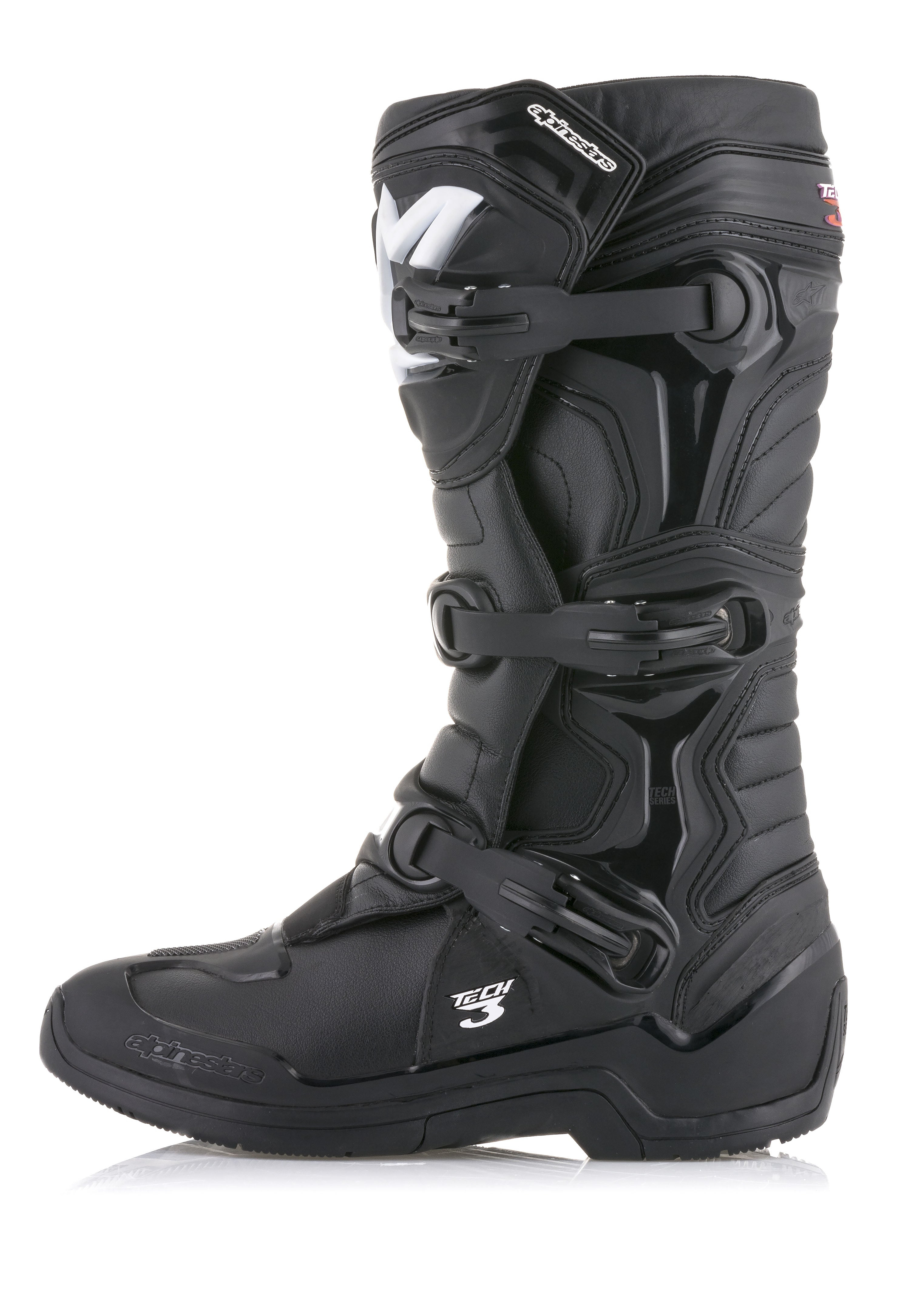 Bottes Alpinestars Tech 3, bottes de motocross noires, vue de profil avec système de fermeture à trois boucles, panneaux de protection en TPU et tige en microfibre durable pour une performance tout-terrain