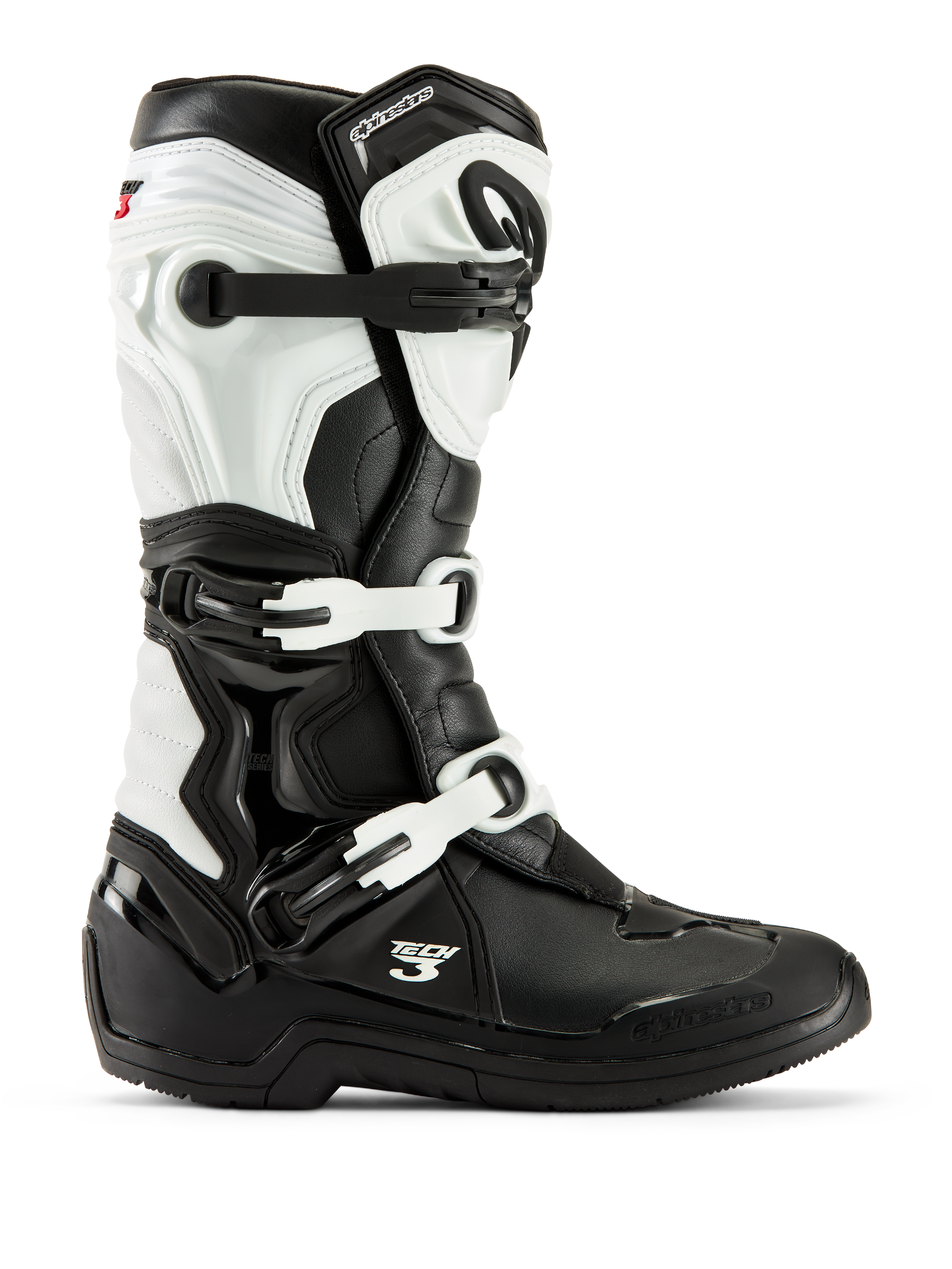 Alpinestars Tech 3 Boots, bottes de motocross, noir et blanc, vue de profil présentant un système de fermeture à trois boucles, des panneaux de protection en TPU et une construction synthétique durable pour la course tout-terrain