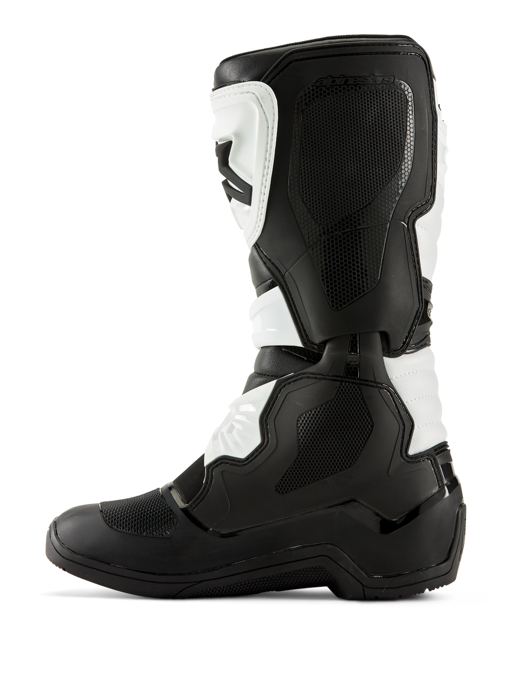 Bottes Alpinestars Tech 3, bottes de motocross, noir et blanc, profil latéral médial présentant des panneaux de préhension texturés, des protections en TPU et une construction en microfibre durable, équipement tout-terrain de qualité professionnelle.