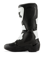 Bottes Alpinestars Tech 3, bottes de motocross, noir et blanc, profil latéral médial présentant des panneaux de préhension texturés, des protections en TPU et une construction en microfibre durable, équipement tout-terrain de qualité professionnelle.