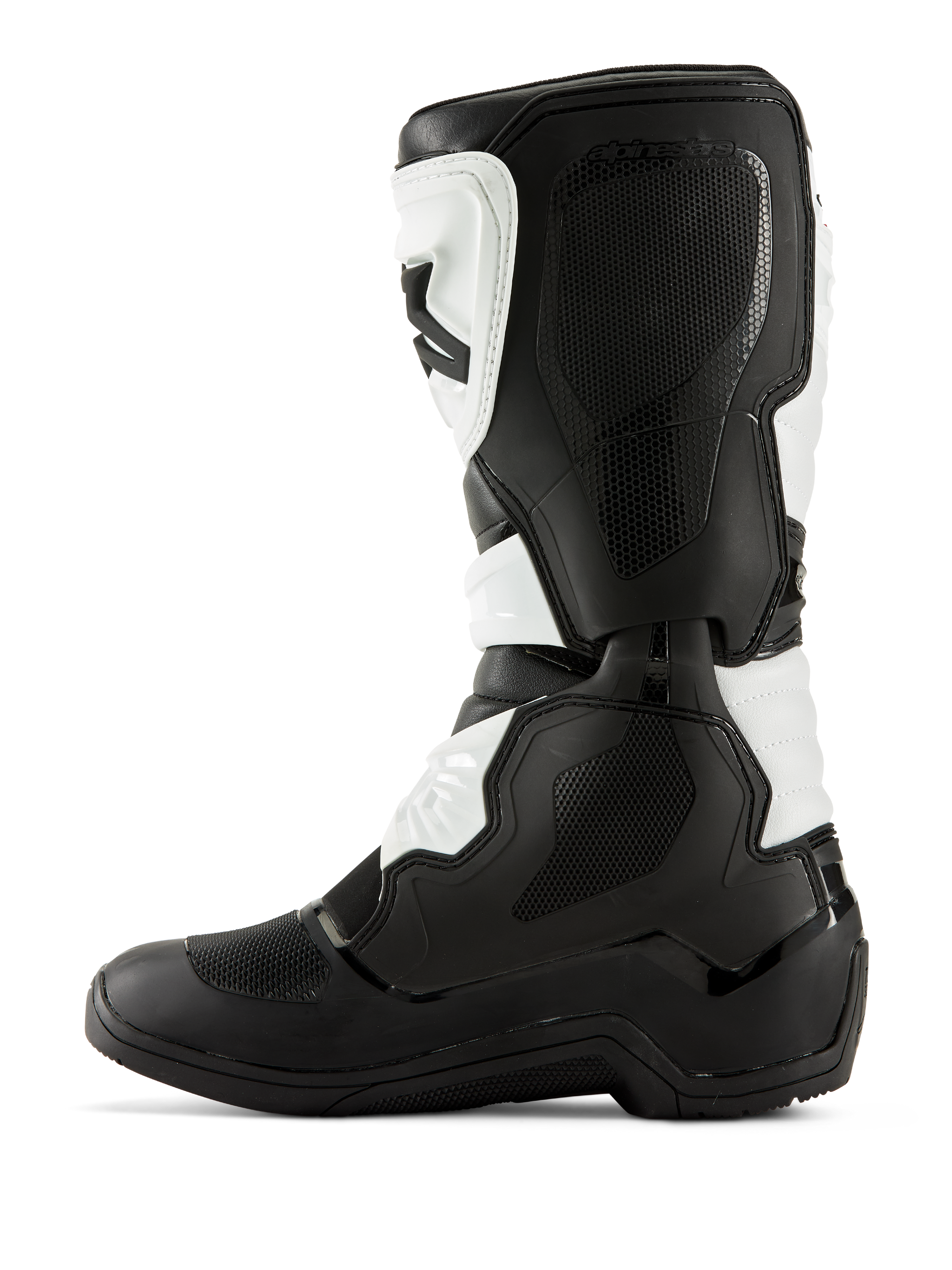 Alpinestars Tech 3 Boots, Motocross Boots, Black and White, medial side profile featuring textured grip panels, TPU protectors, and durable microfiber construction, professional-grade off-road footwear.