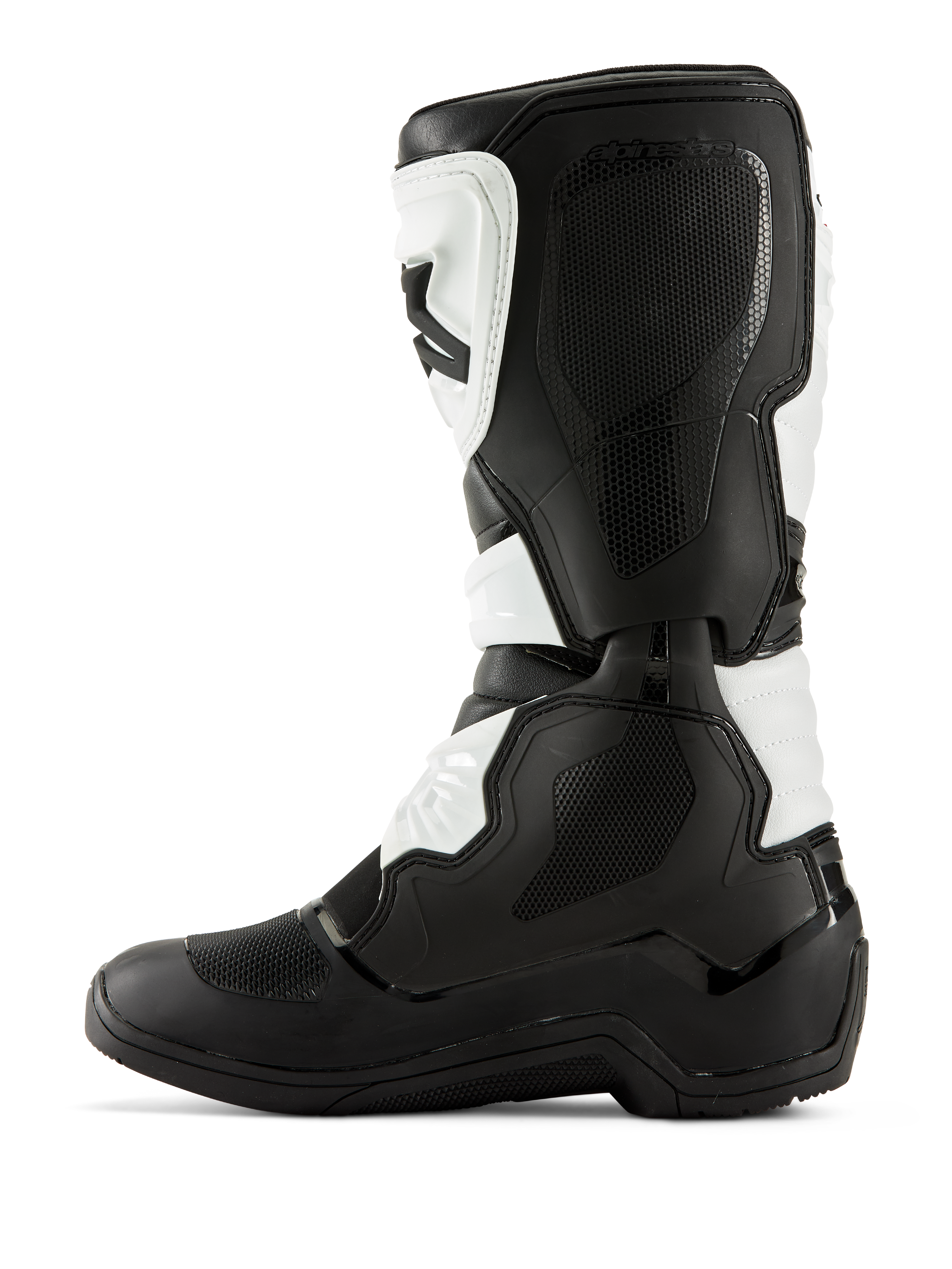 Bottes Alpinestars Tech 3, bottes de motocross, noir et blanc, profil latéral médial présentant des panneaux de préhension texturés, des protections en TPU et une construction en microfibre durable, équipement tout-terrain de qualité professionnelle.