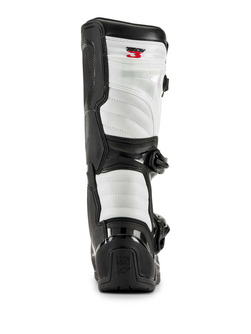 Bottes Alpinestars Tech 3 en noir et blanc, vue arrière montrant des panneaux rembourrés blancs, protection de talon en TPU noir avec logo Tech Series et marquage Tech 3 rouge en haut, chaussures de motocross professionnelles
