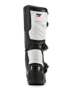 Bottes Alpinestars Tech 3 en noir et blanc, vue arrière montrant des panneaux rembourrés blancs, protection de talon en TPU noir avec logo Tech Series et marquage Tech 3 rouge en haut, chaussures de motocross professionnelles