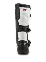 Alpinestars Tech 3 Boots in Black and White, rear view showing white padded panels, black TPU heel protector with Tech Series logo, and red Tech 3 branding at the top, professional motocross footwear.
