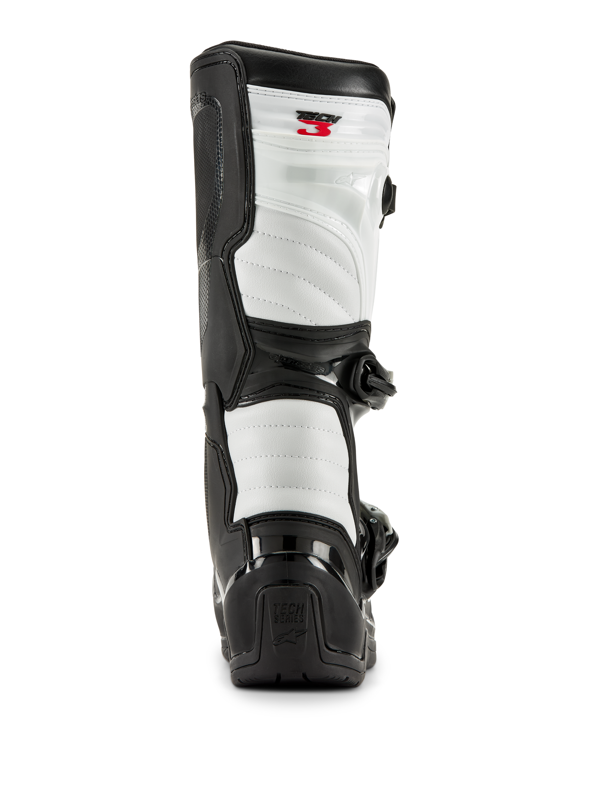 Alpinestars Tech 3 Boots in Black and White, rear view showing white padded panels, black TPU heel protector with Tech Series logo, and red Tech 3 branding at the top, professional motocross footwear.