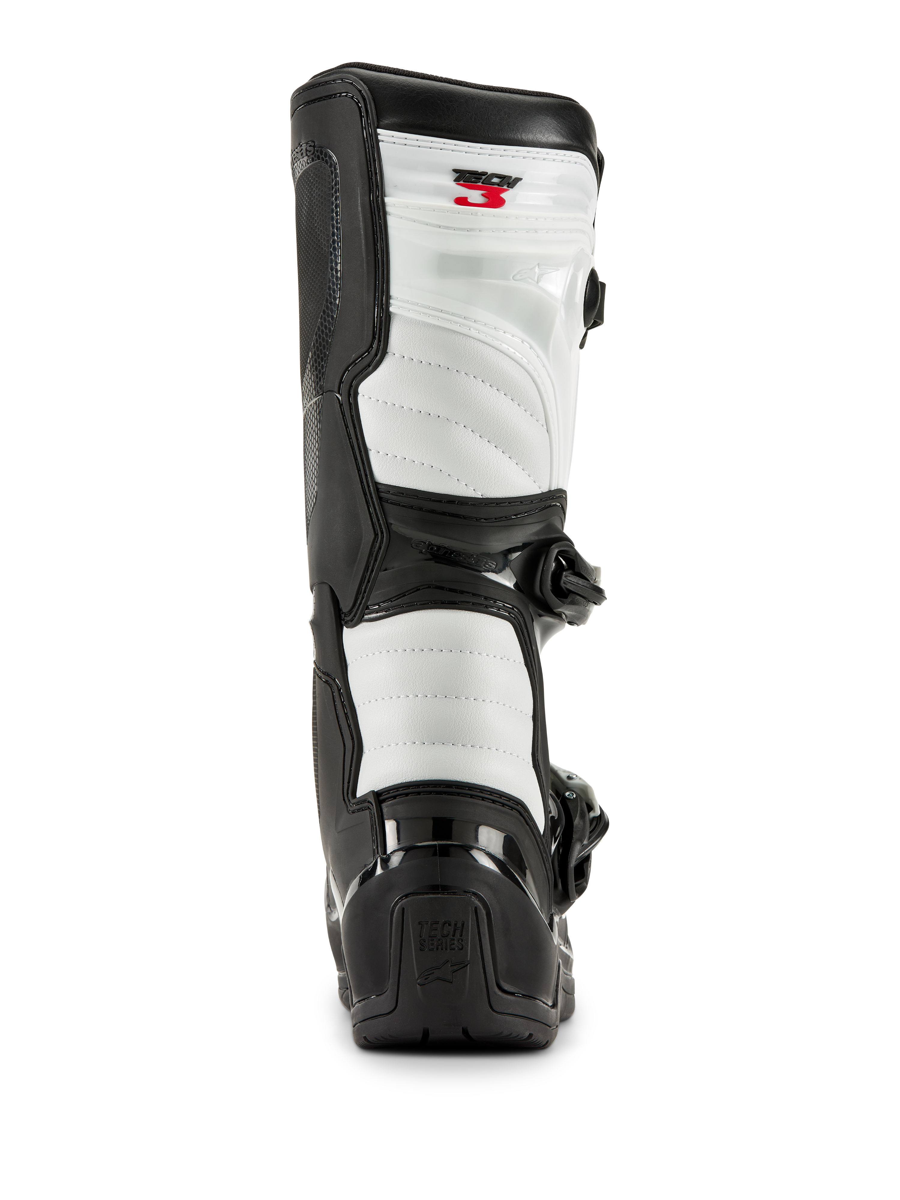 Bottes Alpinestars Tech 3 en noir et blanc, vue arrière montrant des panneaux rembourrés blancs, protection de talon en TPU noir avec logo Tech Series et marquage Tech 3 rouge en haut, chaussures de motocross professionnelles