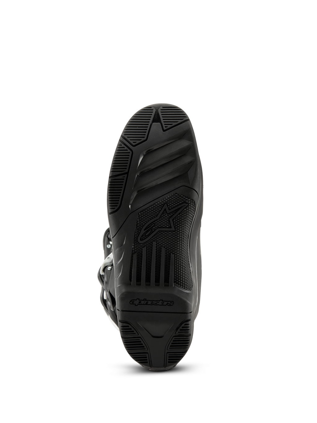 Bottes Alpinestars Tech 3, bottes de motocross, noir, vue de dessous de la semelle extérieure en caoutchouc texturé avec logo et lettrage Alpinestars, design cranté à haute adhérence pour performance tout-terrain