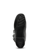 Bottes Alpinestars Tech 3, bottes de motocross, noir, vue de dessous de la semelle extérieure en caoutchouc texturé avec logo et lettrage Alpinestars, design cranté à haute adhérence pour performance tout-terrain