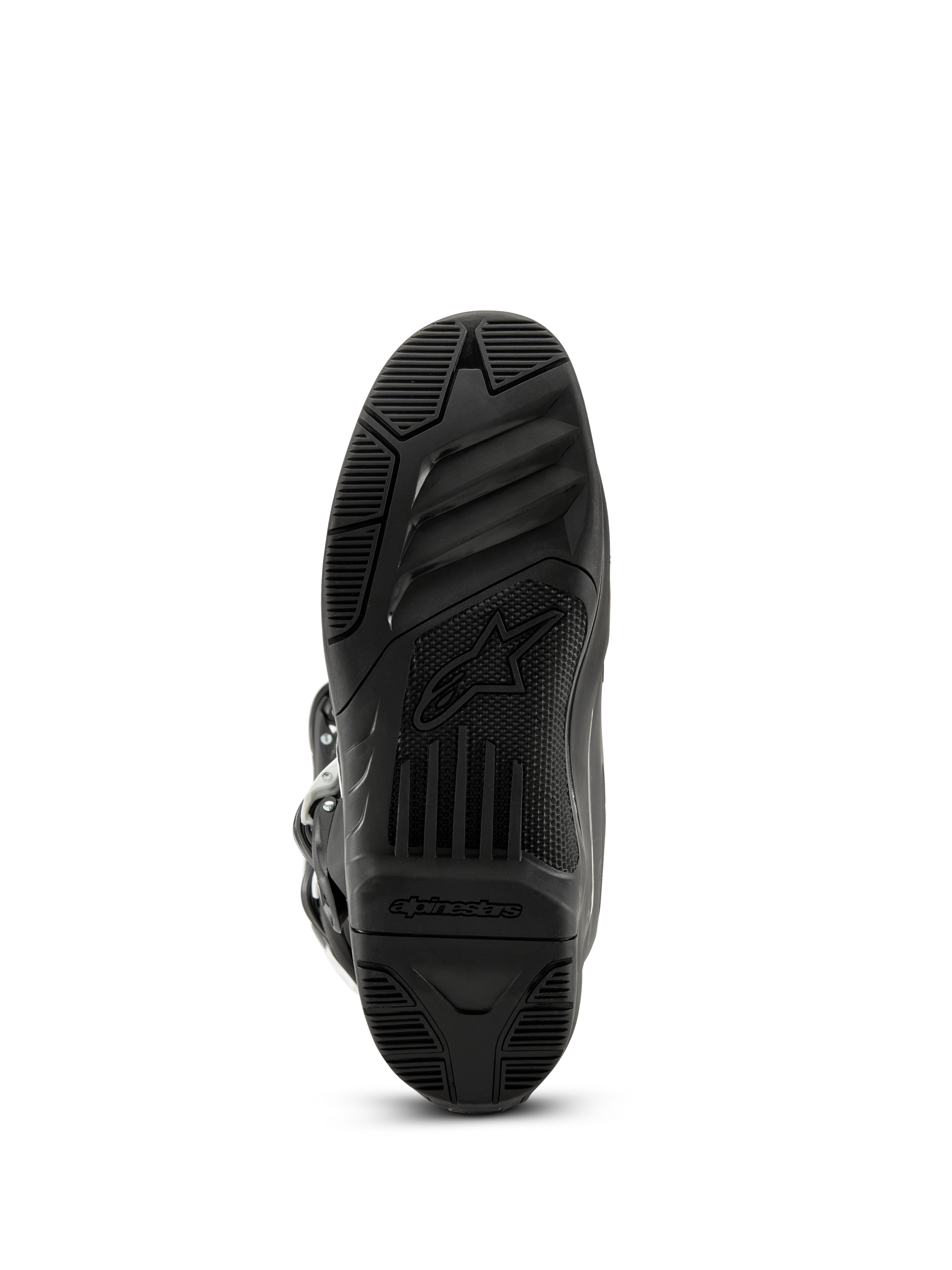 Alpinestars Tech 3 Boots, Motocross Boots, Black, bottom view of the textured rubber outsole featuring the Alpinestars logo and wordmark, high-grip tread design for off-road performance