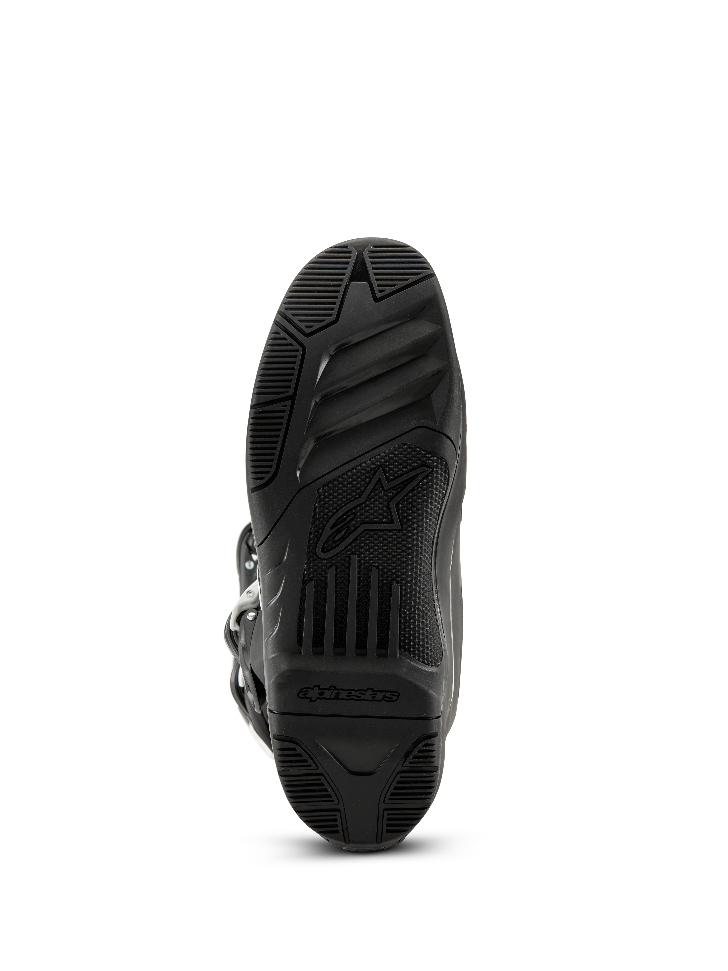 Bottes Alpinestars Tech 3, bottes de motocross, noir, vue de dessous de la semelle extérieure en caoutchouc texturé avec logo et lettrage Alpinestars, design cranté à haute adhérence pour performance tout-terrain