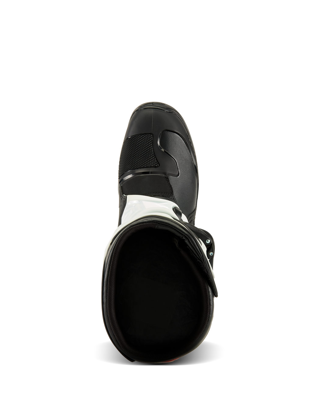 Bottes Alpinestars Tech 3, vue de dessus, noir et blanc, montrant la doublure textile intérieure et le bout noir renforcé, chaussures de protection pour motocross et tout-terrain