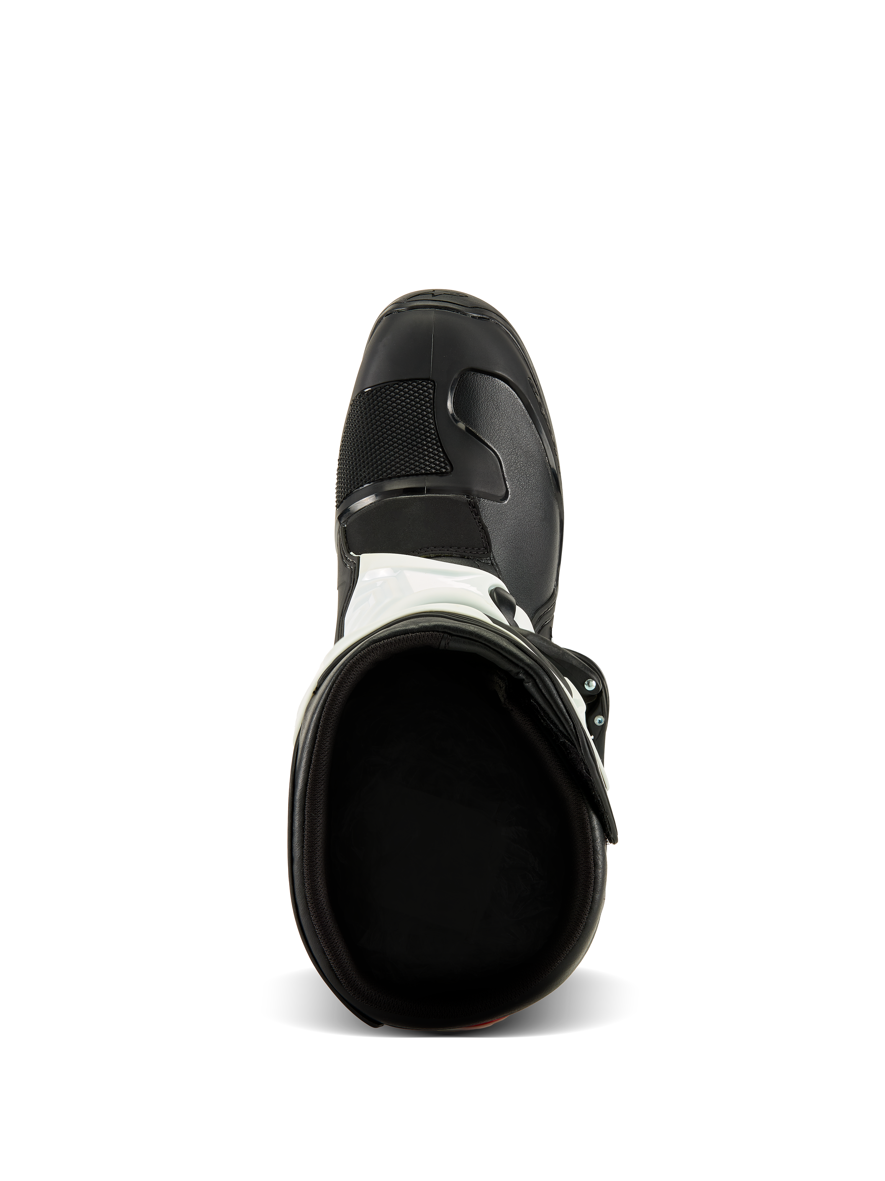 Bottes Alpinestars Tech 3, vue de dessus, noir et blanc, montrant la doublure textile intérieure et le bout noir renforcé, chaussures de protection pour motocross et tout-terrain