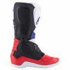 Bottes Alpinestars Tech 3, bottes de motocross, blanc, rouge vif et bleu foncé, vue de profil mettant en évidence la plaque de tibia en TPU et la structure protectrice, matériau synthétique durable pour le tout-terrain