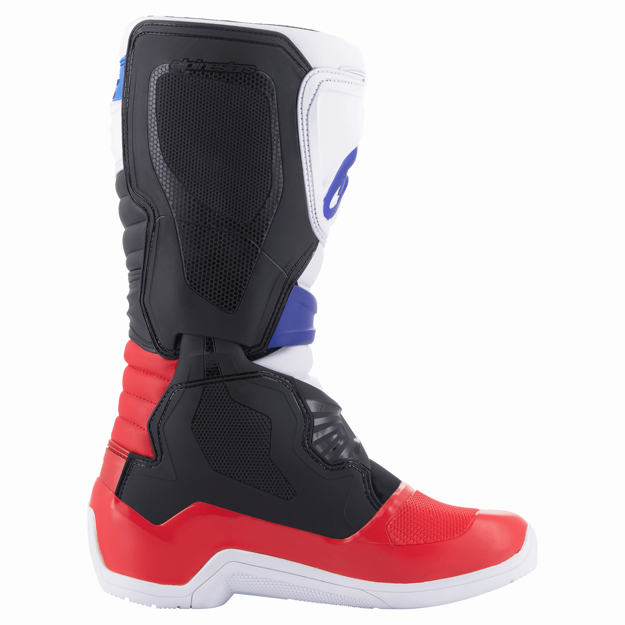 Bottes Alpinestars Tech 3, bottes de motocross, blanc, rouge vif et bleu foncé, vue de profil mettant en évidence la plaque de tibia en TPU et la structure protectrice, matériau synthétique durable pour le tout-terrain