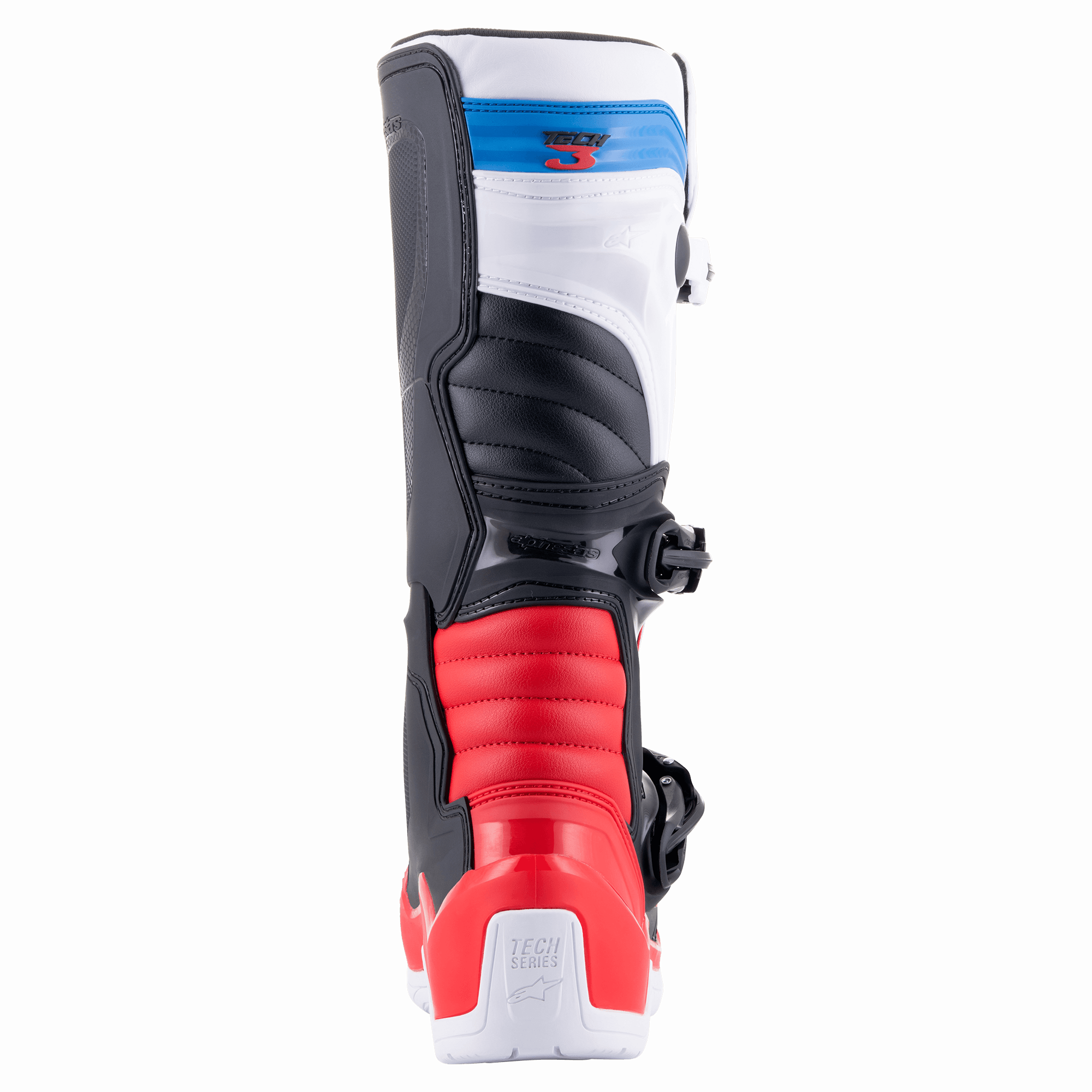Bottes Alpinestars Tech 3, bottes de motocross, blanc, rouge vif et bleu foncé, vue arrière montrant les zones de flexion en accordéon rouges, tige blanche avec sangle à logo bleue et contrefort de talon protecteur