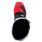 Bottes Alpinestars Tech 3, bottes de motocross, blanc, rouge éclatant et bleu foncé, vue de dessus de l'ouverture de la botte, avec bout rouge et doublure intérieure noire, construction légère en microfibre et TPU pour la course tout-terrain