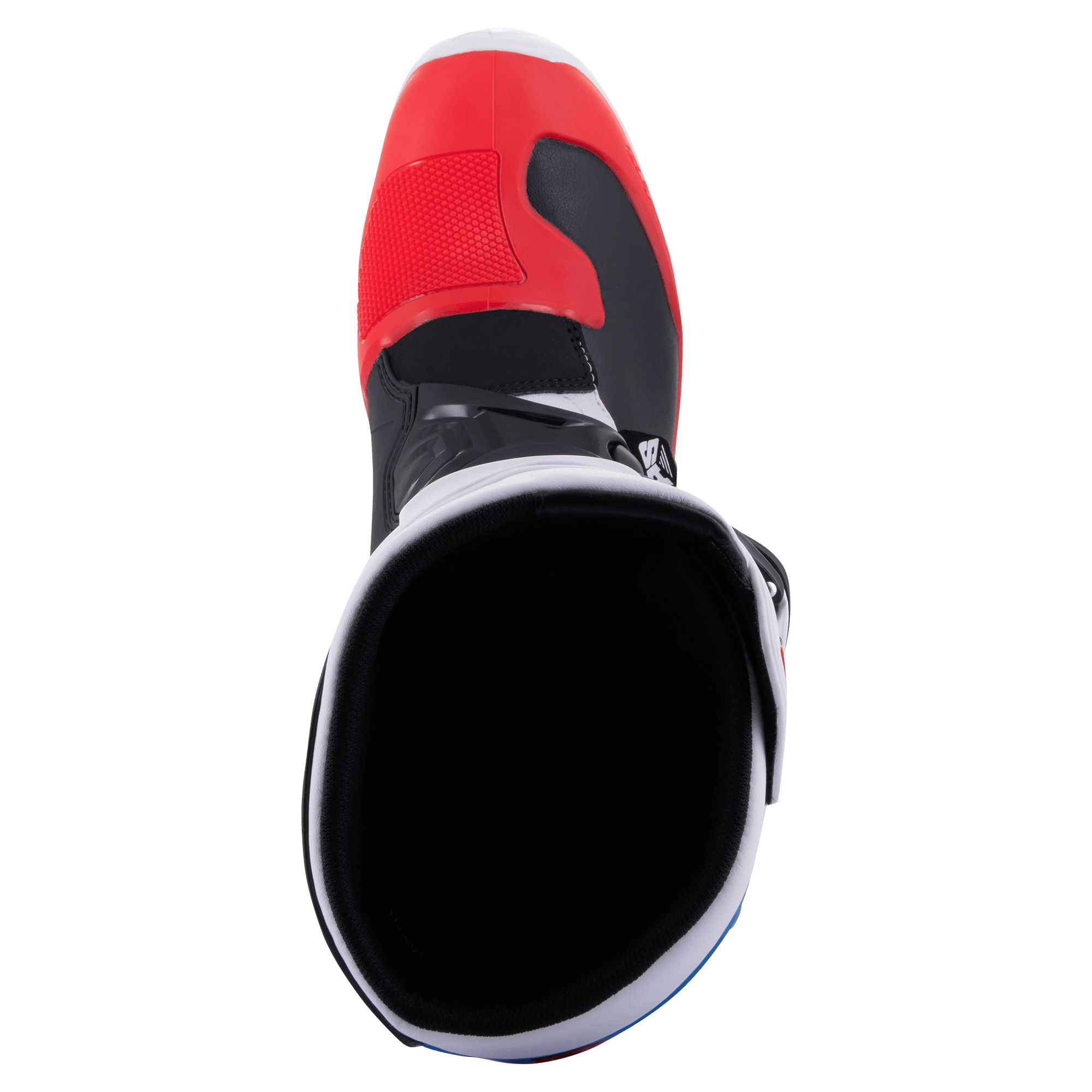 Bottes Alpinestars Tech 3, bottes de motocross, blanc, rouge éclatant et bleu foncé, vue de dessus de l'ouverture de la botte, avec bout rouge et doublure intérieure noire, construction légère en microfibre et TPU pour la course tout-terrain