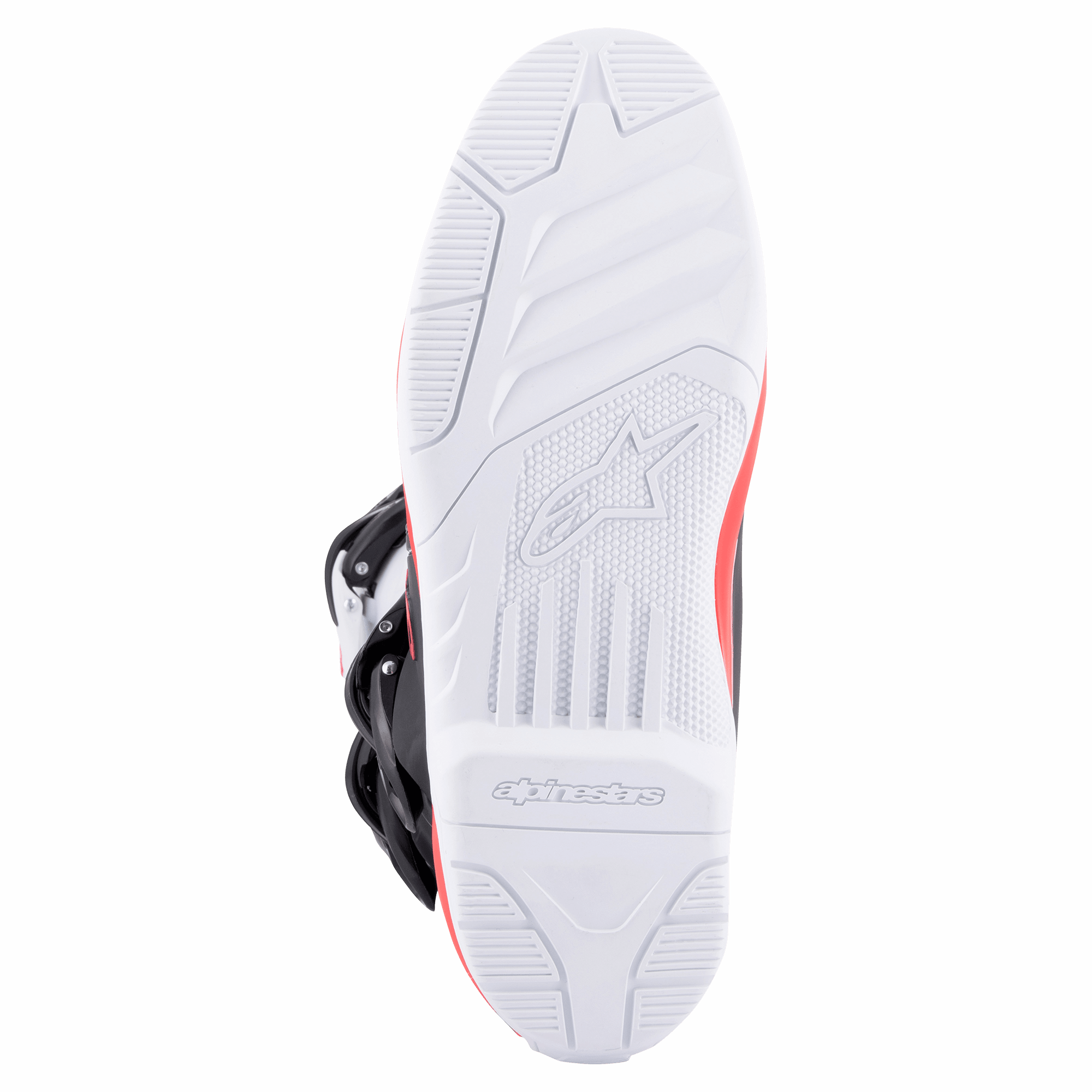 Bottes Alpinestars Tech 3, Blanc Rouge Vif Bleu Foncé, gros plan sur la semelle extérieure en caoutchouc blanc à haute adhérence avec relief texturé et logo embossé, conçues pour la performance en motocross et tout-terrain