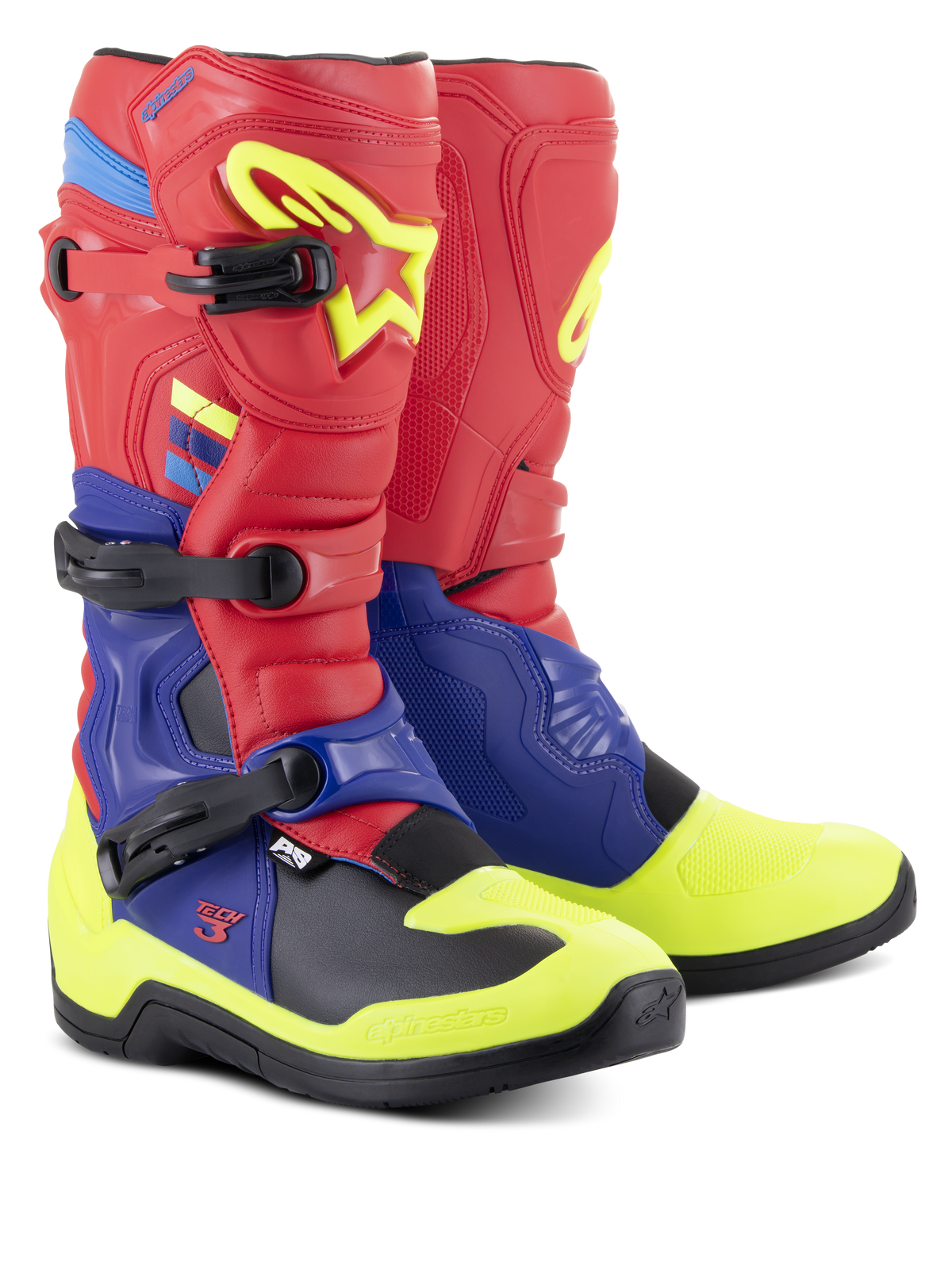 Bottes Alpinestars Tech 3, bottes de motocross, rouge vif, bleu foncé et jaune fluo, avec trois boucles en polymère, plaques de protection en TPU profilées et semelle extérieure noire à haute adhérence, conçues pour le motocross et les performances tout-terrain.