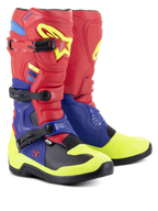 Bottes Alpinestars Tech 3, bottes de motocross, rouge vif, bleu foncé et jaune fluo, avec trois boucles en polymère, plaques de protection en TPU profilées et semelle extérieure noire à haute adhérence, conçues pour le motocross et les performances tout-terrain.