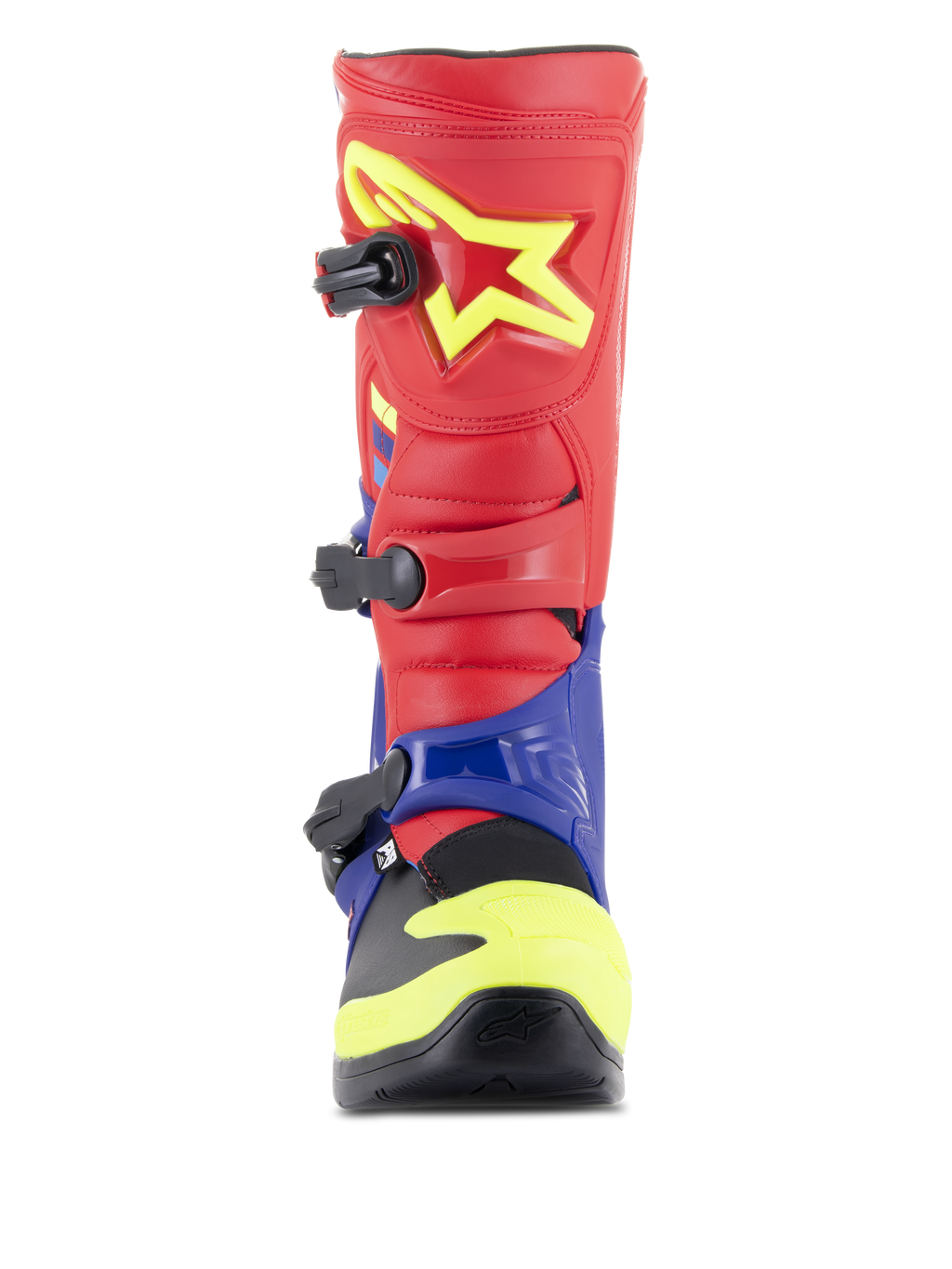 Bottes Alpinestars Tech 3, bottes de motocross, rouge vif, bleu foncé et jaune fluo, vue de face montrant le système de fermeture à triple boucle, plaque protège-tibia en TPU avec logo étoile jaune et coque de pied protectrice à double mélange