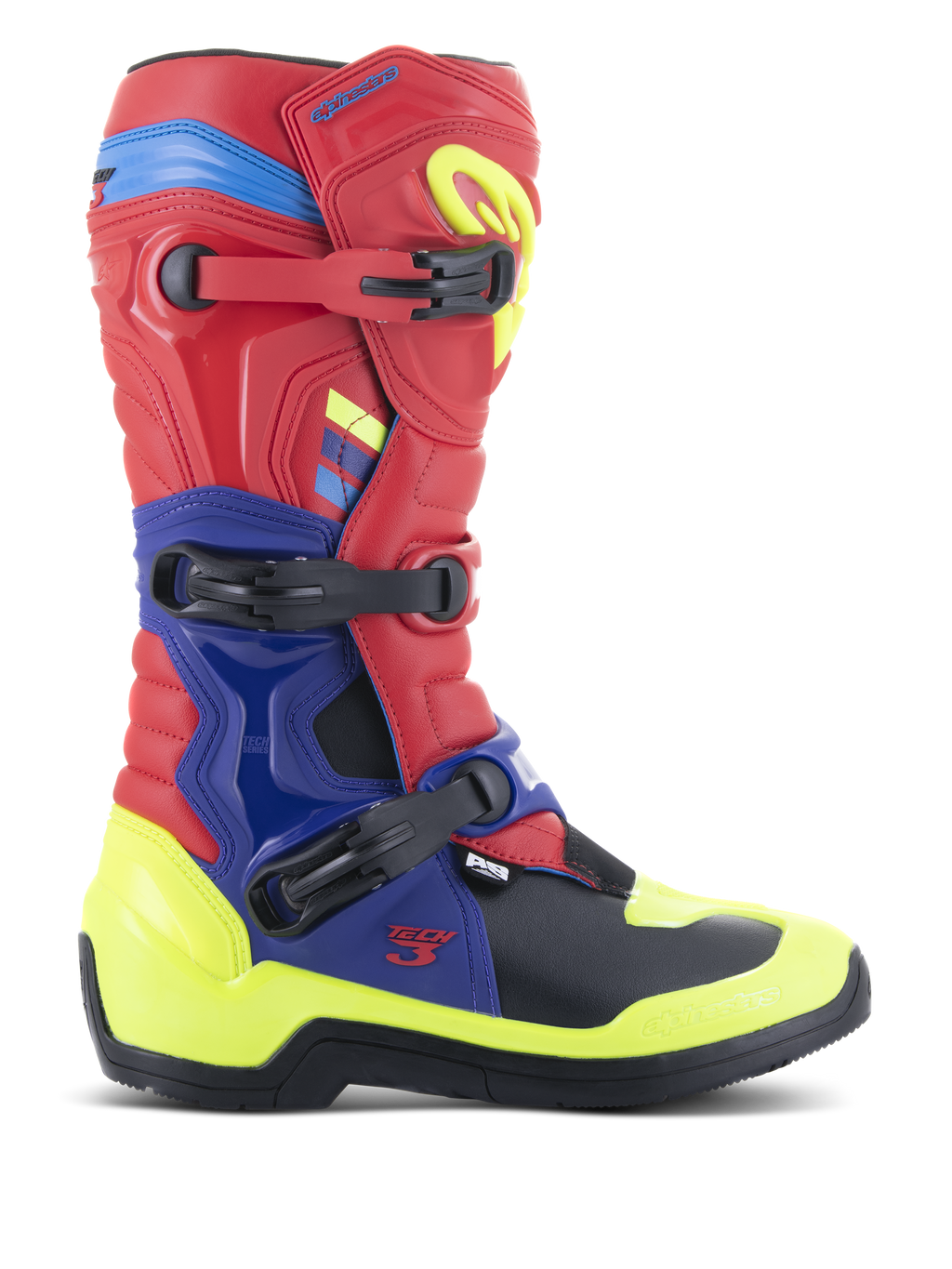 Bottes Alpinestars Tech 3, bottes de motocross, rouge vif, bleu foncé et jaune fluo, dotées d'un système de fermeture à triple boucle, de plaques de protection en TPU et d'accents néon éclatants, construction en microfibre durable pour la conduite tout-terrain