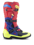 Bottes Alpinestars Tech 3, bottes de motocross, rouge vif, bleu foncé et jaune fluo, dotées d'un système de fermeture à triple boucle, de plaques de protection en TPU et d'accents néon éclatants, construction en microfibre durable pour la conduite tout-terrain