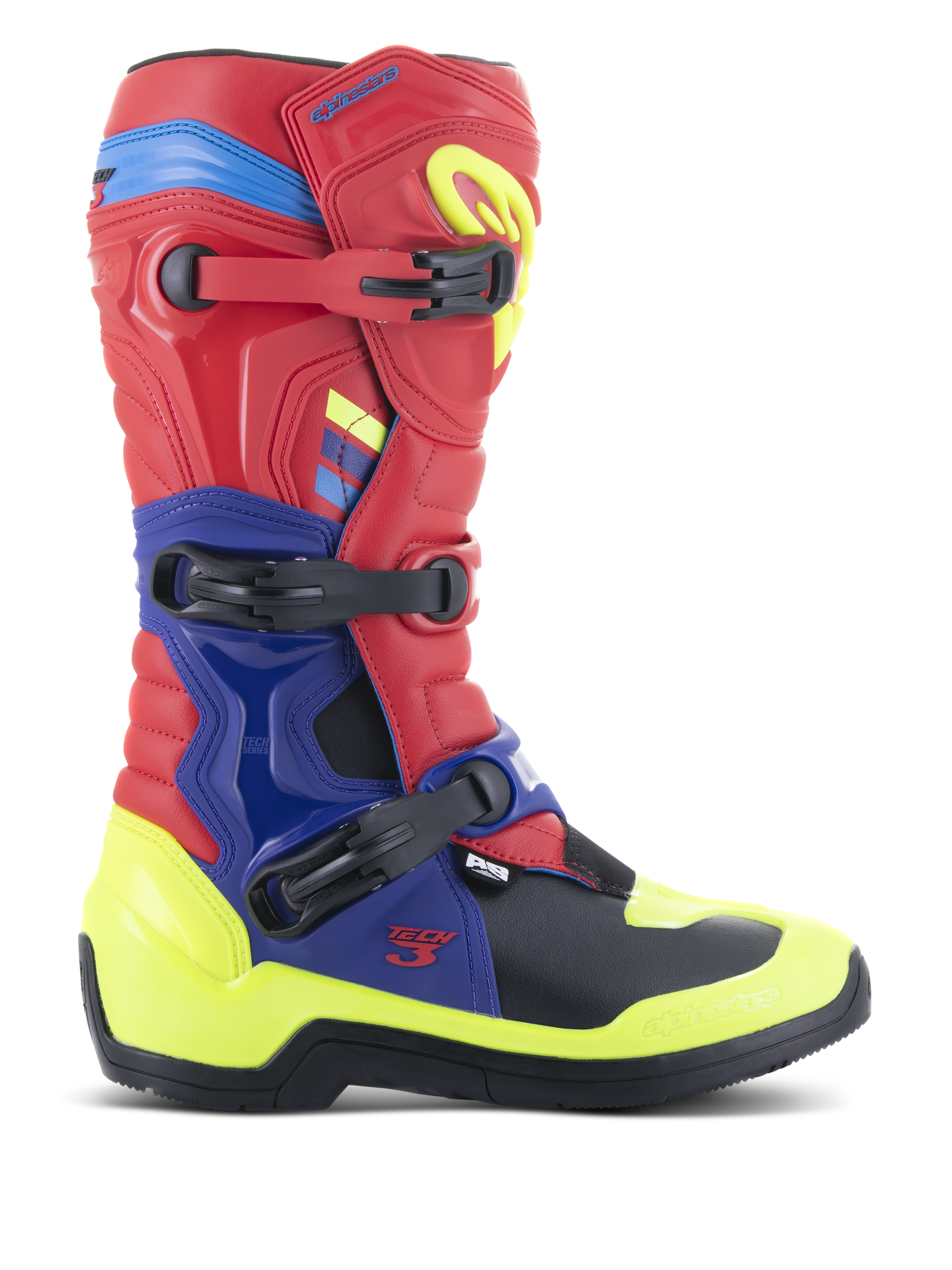 Bottes Alpinestars Tech 3, bottes de motocross, rouge vif, bleu foncé et jaune fluo, dotées d'un système de fermeture à triple boucle, de plaques de protection en TPU et d'accents néon éclatants, construction en microfibre durable pour la conduite tout-terrain