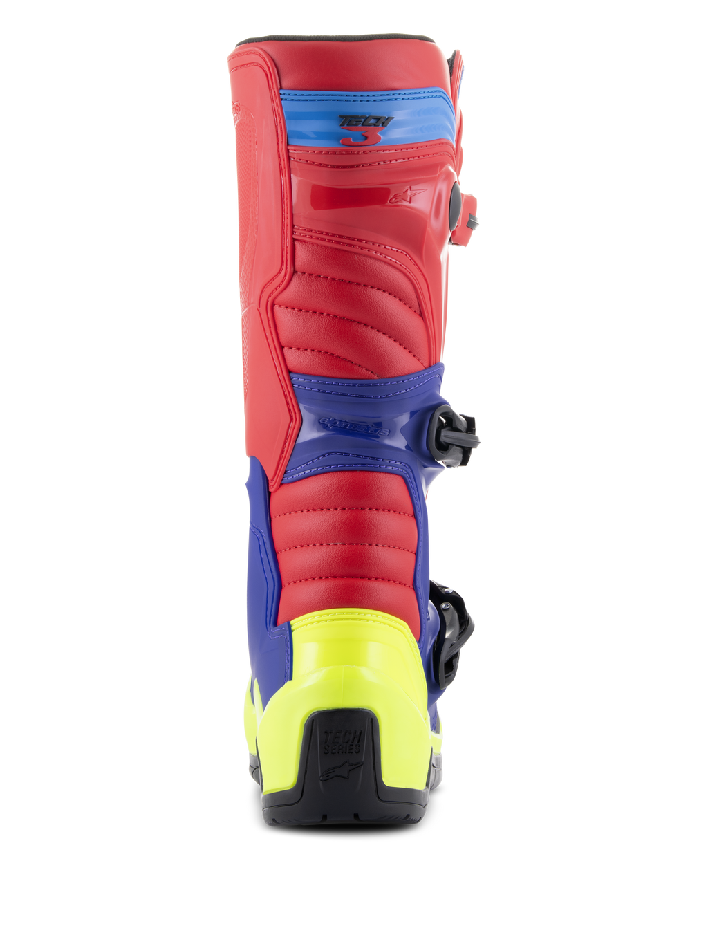 Bottes Alpinestars Tech 3, bottes de motocross, rouge vif, bleu foncé et jaune fluo, vue arrière avec contrefort de talon jaune fluo, tige rouge et panneaux de support bleus, construction robuste pour le tout-terrain