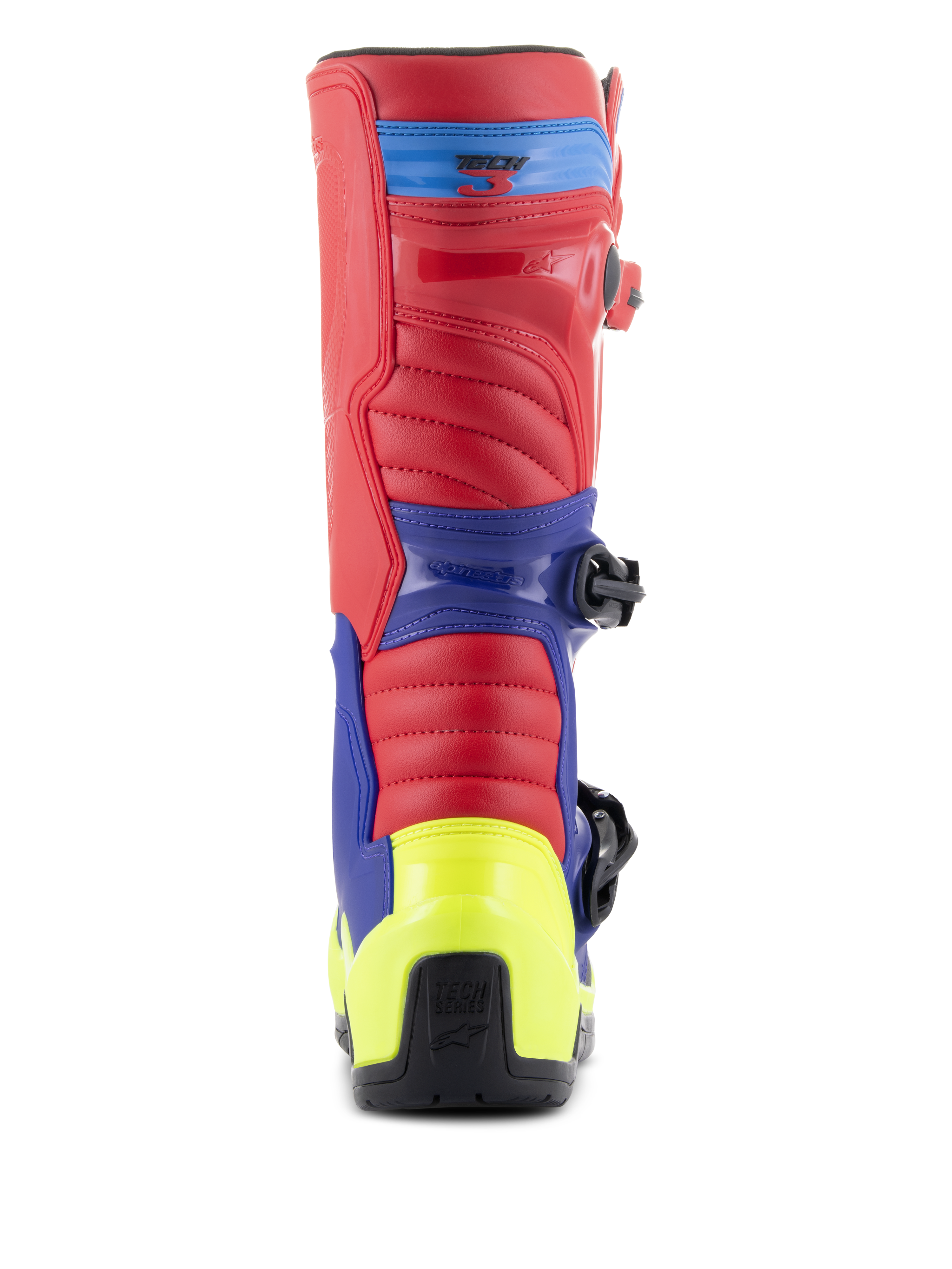 Bottes Alpinestars Tech 3, bottes de motocross, rouge vif, bleu foncé et jaune fluo, vue arrière avec contrefort de talon jaune fluo, tige rouge et panneaux de support bleus, construction robuste pour le tout-terrain
