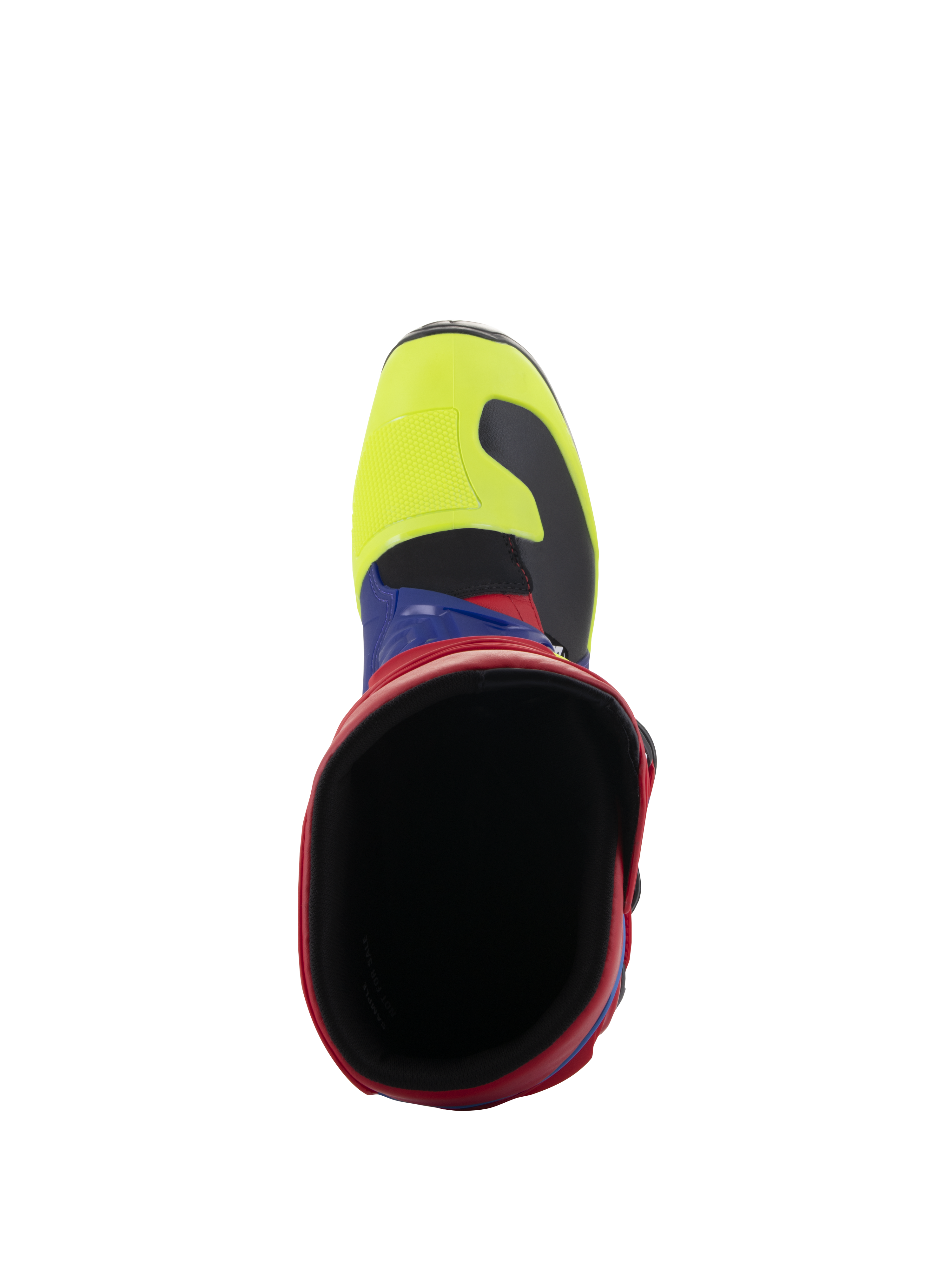 Bottes Alpinestars Tech 3, bottes de motocross, rouge vif, bleu foncé et jaune fluo, vue de dessus plongeante dans l'ouverture de la botte, avec une pointe jaune fluo et un col rouge, chaussures de protection tout-terrain durables