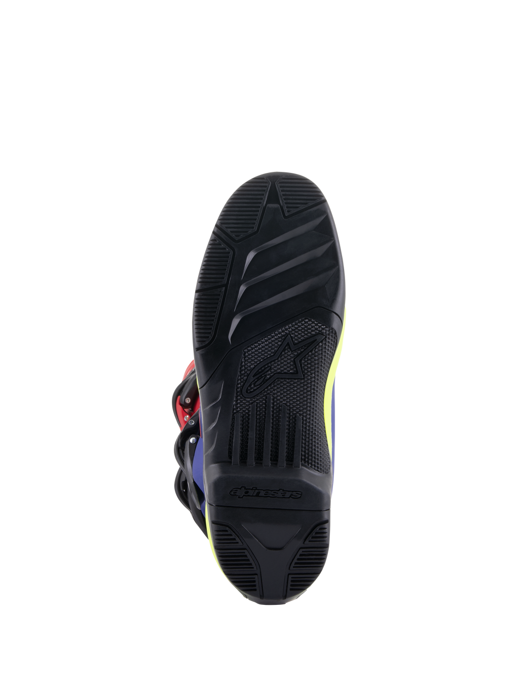 Bottes Alpinestars Tech 3, bottes de motocross, rouge vif, bleu foncé et jaune fluo, vue détaillée de la semelle extérieure en caoutchouc noir à haute adhérence avec motifs de traction texturés et logo Alpinestars embossé pour un meilleur contrôle sur les repose-pieds.