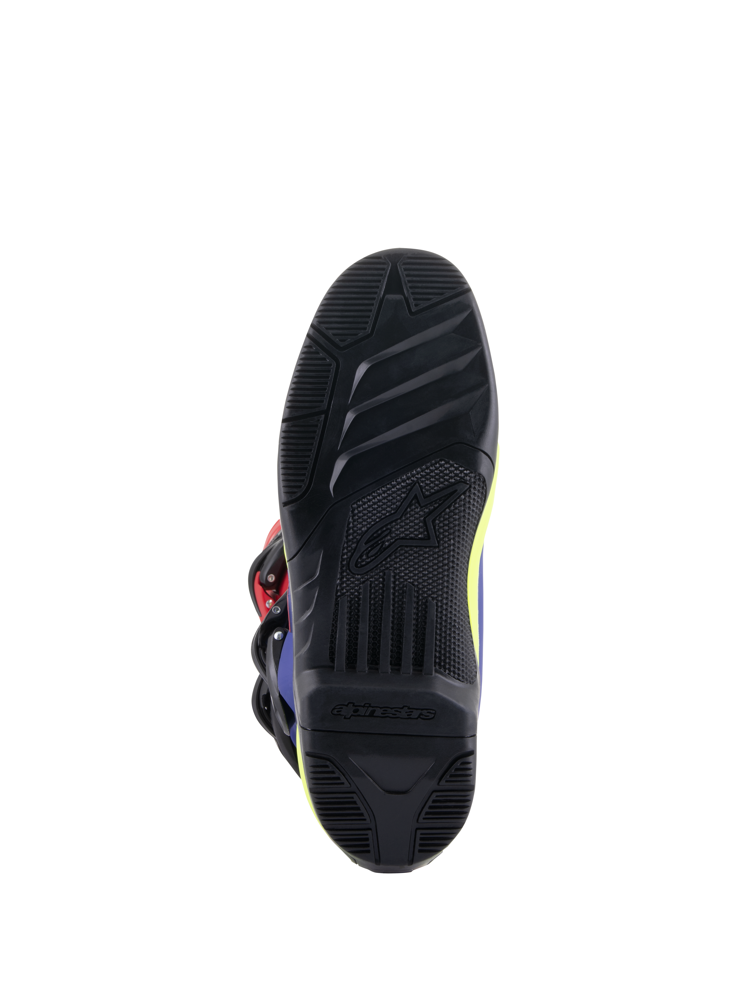Bottes Alpinestars Tech 3, bottes de motocross, rouge vif, bleu foncé et jaune fluo, vue détaillée de la semelle extérieure en caoutchouc noir à haute adhérence avec motifs de traction texturés et logo Alpinestars embossé pour un meilleur contrôle sur les repose-pieds.