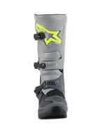 Alpinestars Tech 3 Boots, Motocross Boots, Dark Gray Light Gray and Black, front view featuring a bright yellow logo on the shin plate, three black polymer buckles, and a durable TPU shell for off-road racing