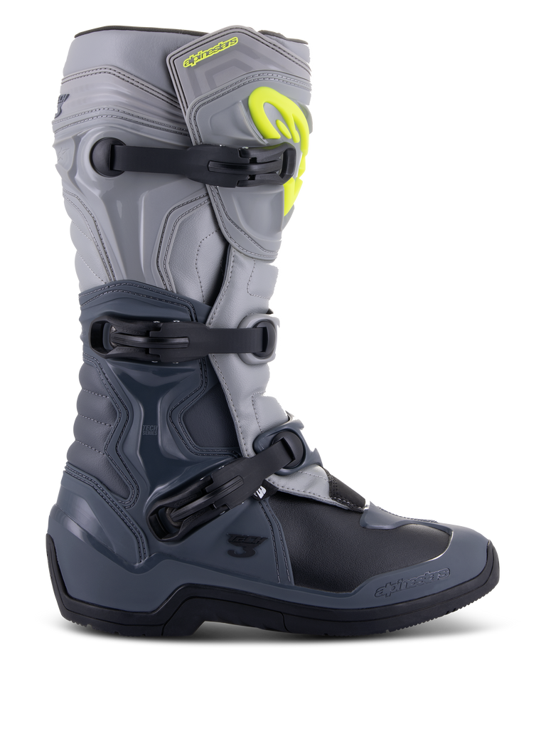 Alpinestars Tech 3 Boots, Motocross Boots, Dark Gray Light Gray and Black, side view featuring three black polymer buckles, TPU protection panels, and a bright yellow Alpinestars logo on the upper shin area