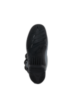 Alpinestars Tech 3 Boots, Dark Gray Light Gray Black, bottom view showing the high-grip rubber compound outsole, textured black tread with central Alpinestars logo, engineered for footpeg control and traction in off-road conditions