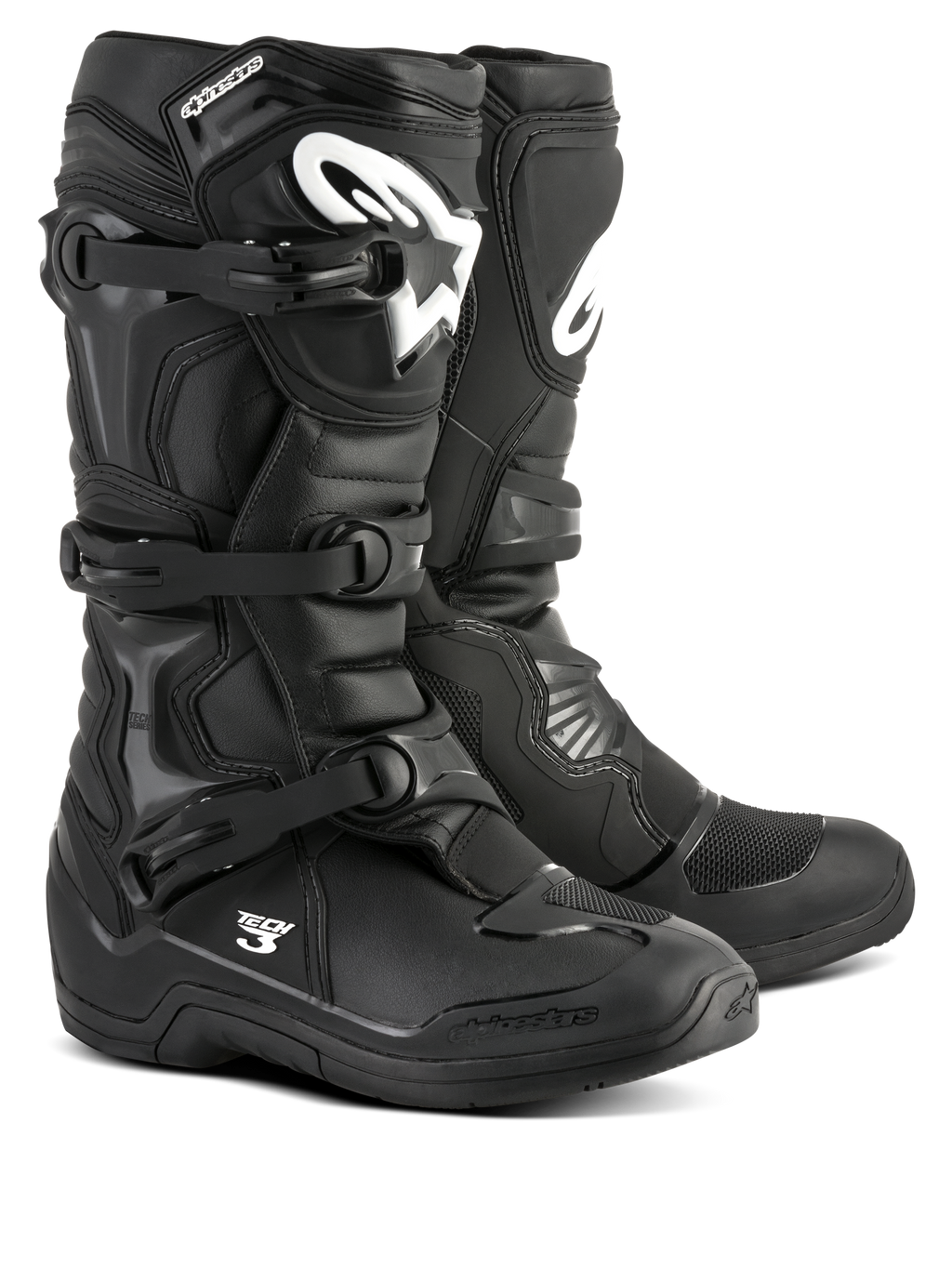 Bottes Alpinestars Tech 3, bottes de motocross noires, chaussures de performance tout-terrain, système de fermeture à trois boucles, plaque protège-tibia renforcée en TPU avec logo blanc, semelle durable à haute adhérence, construction en microfibre légère
