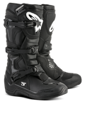 Bottes Alpinestars Tech 3, bottes de motocross noires, chaussures de performance tout-terrain, système de fermeture à trois boucles, plaque protège-tibia renforcée en TPU avec logo blanc, semelle durable à haute adhérence, construction en microfibre légère