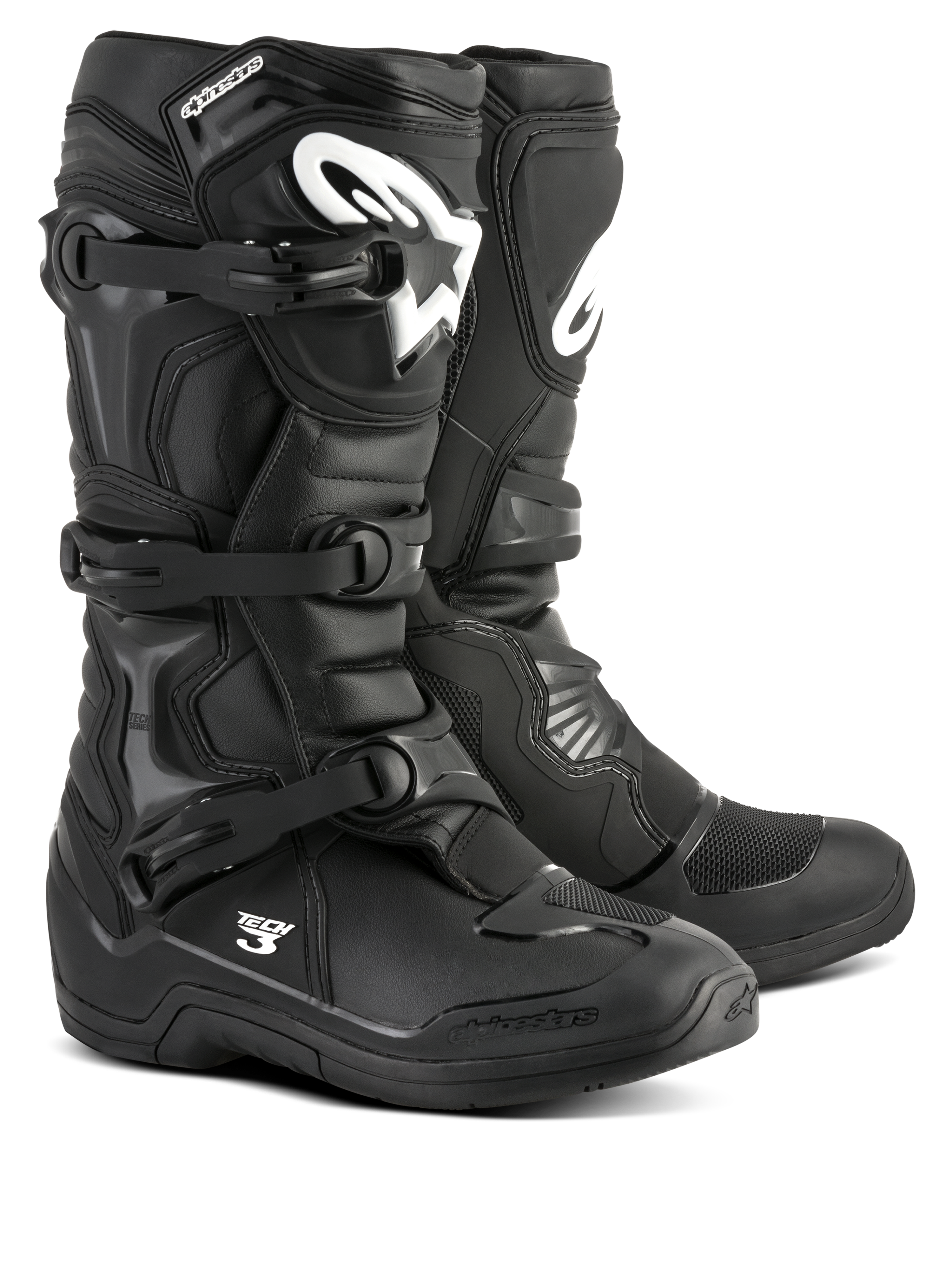 Bottes Alpinestars Tech 3, bottes de motocross noires, chaussures de performance tout-terrain, système de fermeture à trois boucles, plaque protège-tibia renforcée en TPU avec logo blanc, semelle durable à haute adhérence, construction en microfibre légère