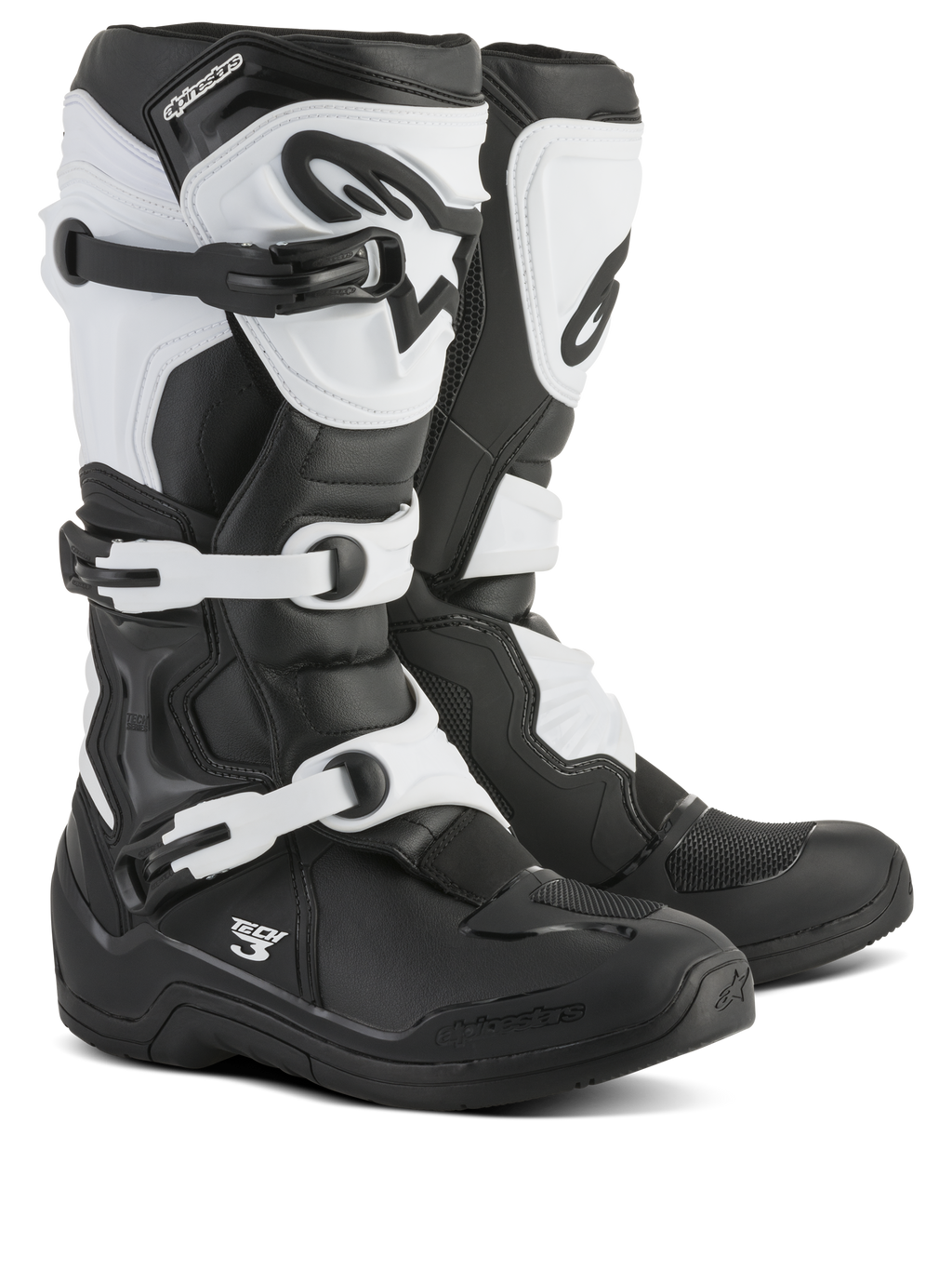 Alpinestars Tech 3 Boots, bottes de motocross, noir et blanc, dotées d'un système de fermeture à trois boucles, plaque de tibia et contrefort de talon protecteurs en TPU, construction durable en microfibre et matière synthétique pour la course tout-terrain