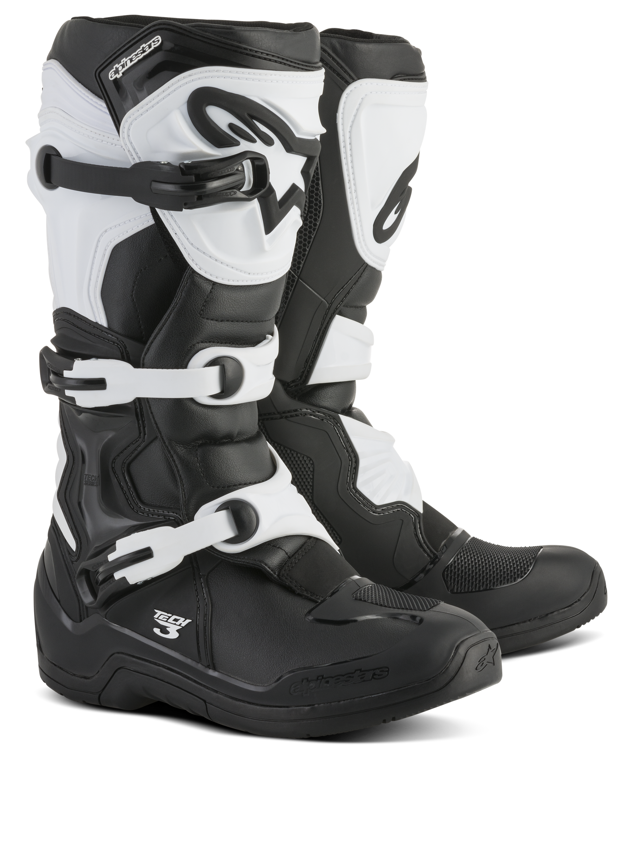 Alpinestars Tech 3 Boots, Motocross Boots, Black and White, featuring a triple buckle closure system, protective TPU shin plate and heel counter, durable microfiber and synthetic construction for off-road racing