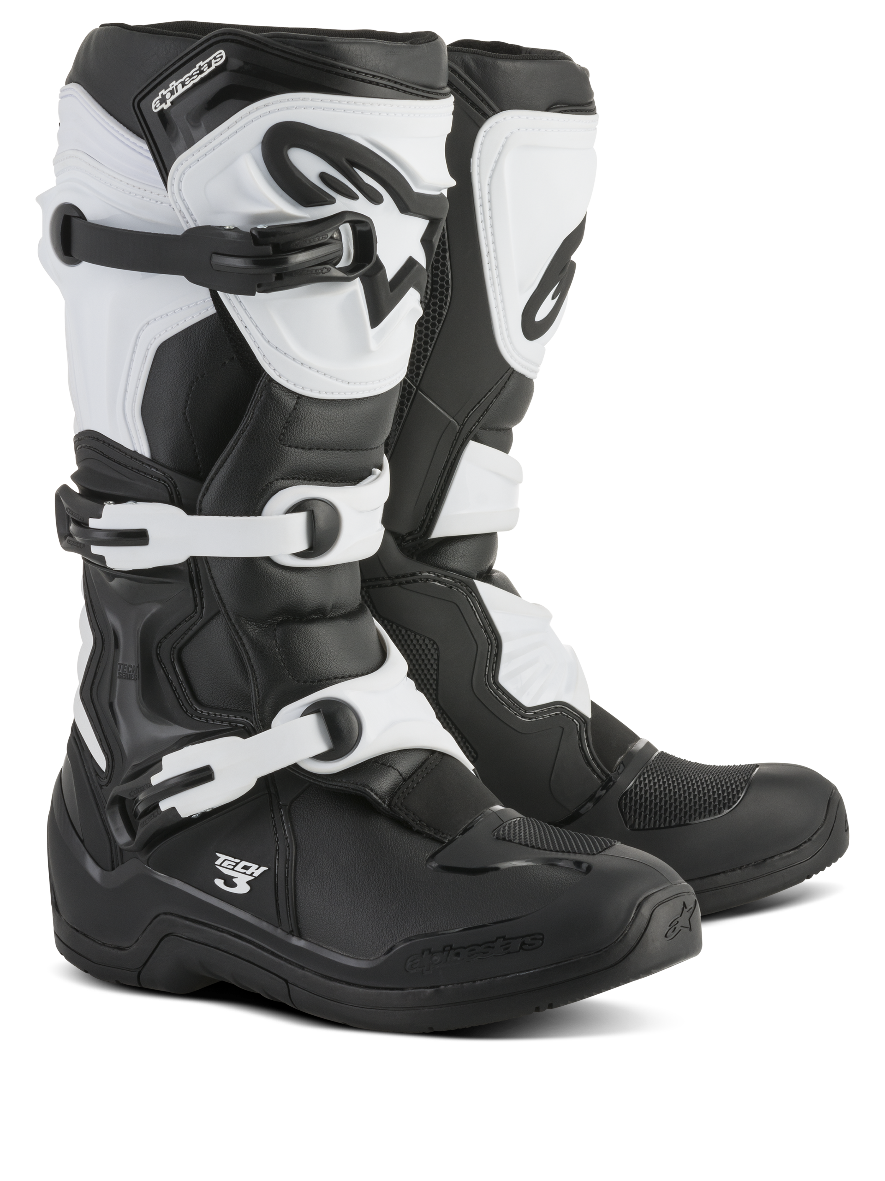 Alpinestars Tech 3 Boots, bottes de motocross, noir et blanc, dotées d'un système de fermeture à trois boucles, plaque de tibia et contrefort de talon protecteurs en TPU, construction durable en microfibre et matière synthétique pour la course tout-terrain
