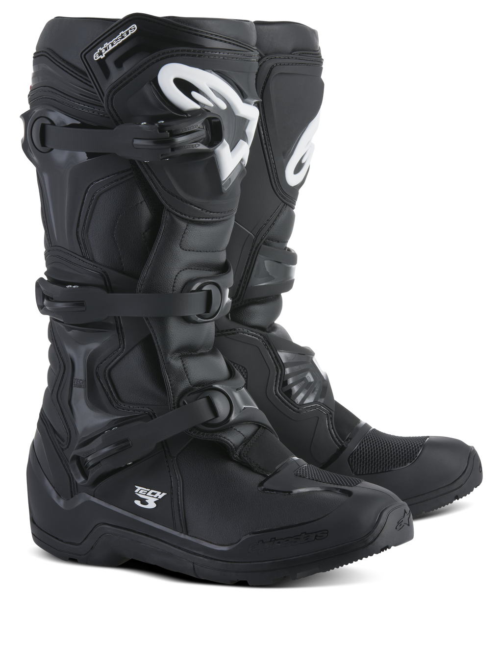 Bottes Alpinestars Tech 3 Enduro, bottes de motocross et de tout-terrain, noir avec logos blancs, système de triple boucle en polymère, protection TPU durable, conception de semelle tout-terrain robuste