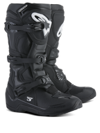 Bottes Alpinestars Tech 3 Enduro, bottes de motocross et de tout-terrain, noir avec logos blancs, système de triple boucle en polymère, protection TPU durable, conception de semelle tout-terrain robuste