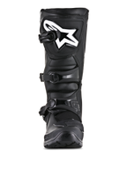 Bottes Alpinestars Tech 3 Enduro, bottes de moto tout-terrain, noir, vue de face avec logo Alpinestars blanc sur la plaque tibiale, système de fermeture à trois boucles, construction robuste en microfibre et TPU