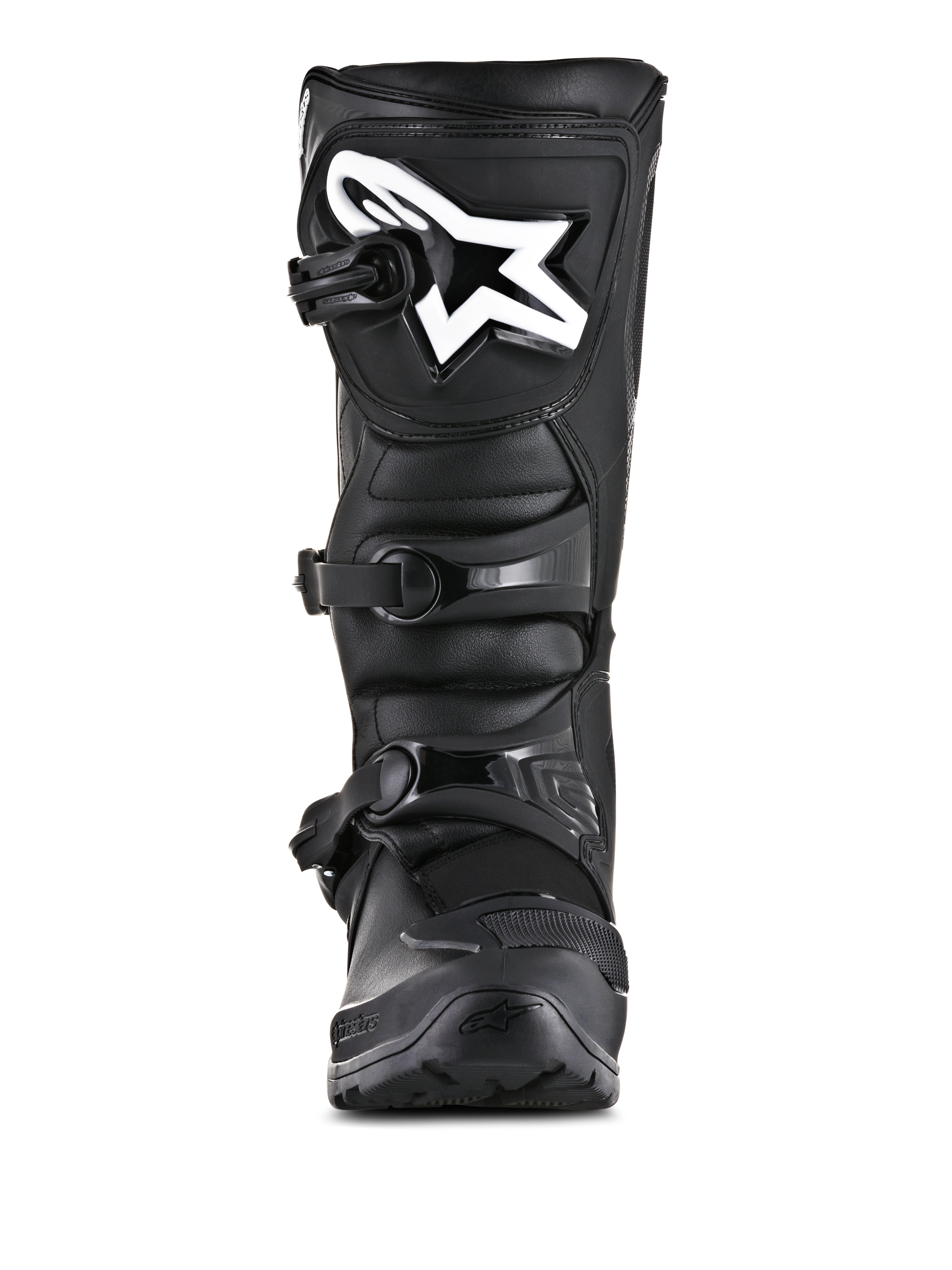 Bottes Alpinestars Tech 3 Enduro, bottes de moto tout-terrain, noir, vue de face avec logo Alpinestars blanc sur la plaque tibiale, système de fermeture à trois boucles, construction robuste en microfibre et TPU