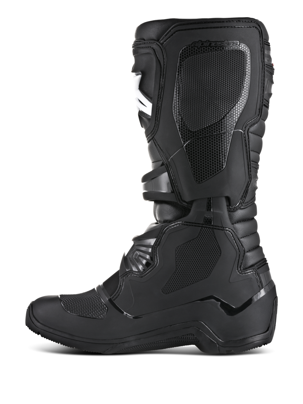 Bottes Alpinestars Tech 3 Enduro, bottes de moto tout-terrain, noir, profil latéral interne présentant des panneaux d'adhérence en TPU texturé, plaque de tibia protectrice et construction durable pour l'enduro et le motocross